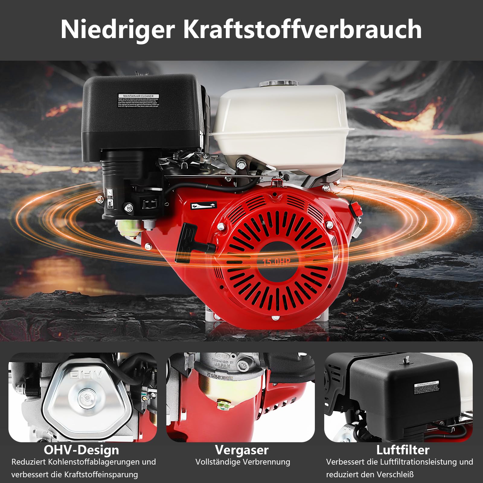 Benzinmotor 15 PS 9.7KW 4-Takt Motor mit 25 Ø mm Welle, 420CCM, Standmotor Antriebsmotor Luftgekühlt Starke Kraft Großes Fassungsvermögen des Kraftstofftanks