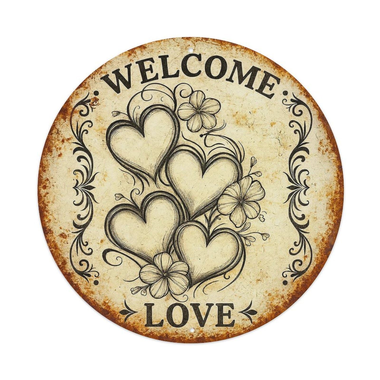 Welcome Love Hearts Flowers Vintage Round Metal Tin Sign Vintage Wall Decor, Bar Garage Cafe Kitchen Home Wall Art Poster 8x8inches