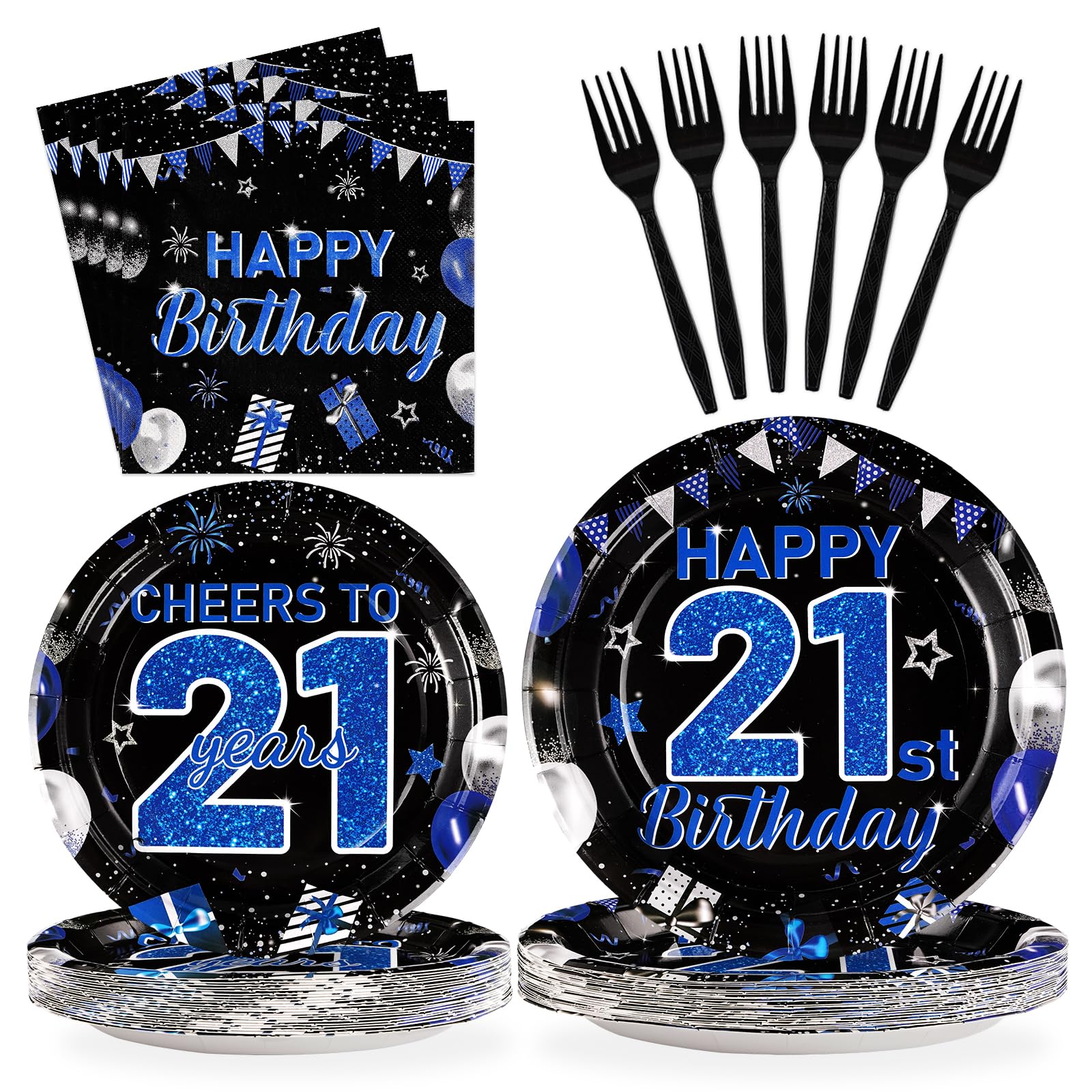 Grencian 96Pcs 21st Birthday Decorations Blue Black 21st Birthday Plates and Napkins Cheers to 21 Tableware Set for 21 Years Old Boys Girls Legal