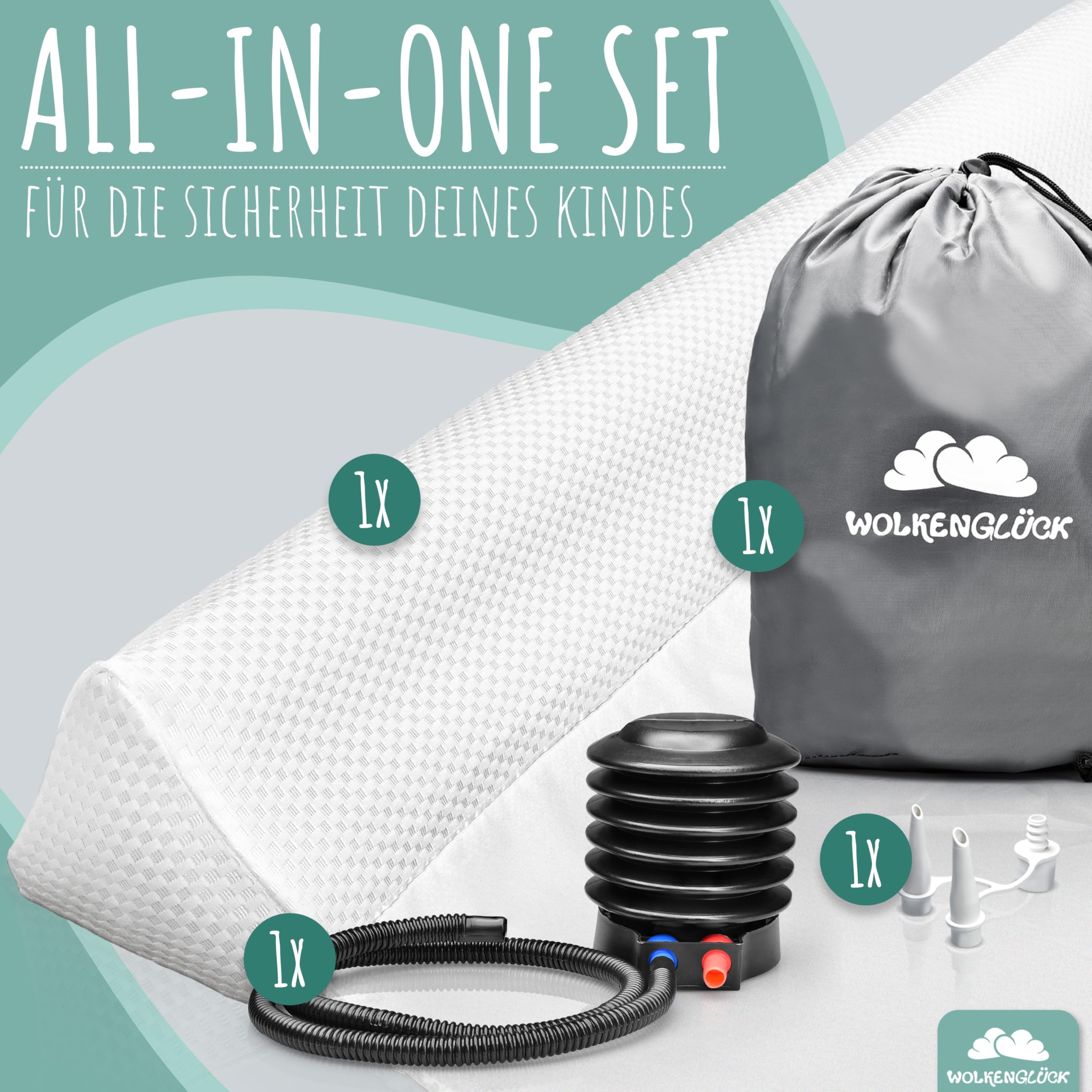 WOLKENGLÜCK® Aufblasbarer Rausfallschutz Bett [150 cm] - Bettkantenschutz für Babys & Kinder - geeignet für alle Betten - inkl. Luftpumpe [ideal für die Reise]