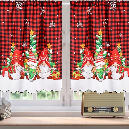 Miniatura 4 de Frienda Juego de 6 cortinas de cocina de Navidad, juego de cortinas de ventana y cenefa, muñeco de nieve, árbol de Navidad, gnomo, búfalo, festón a