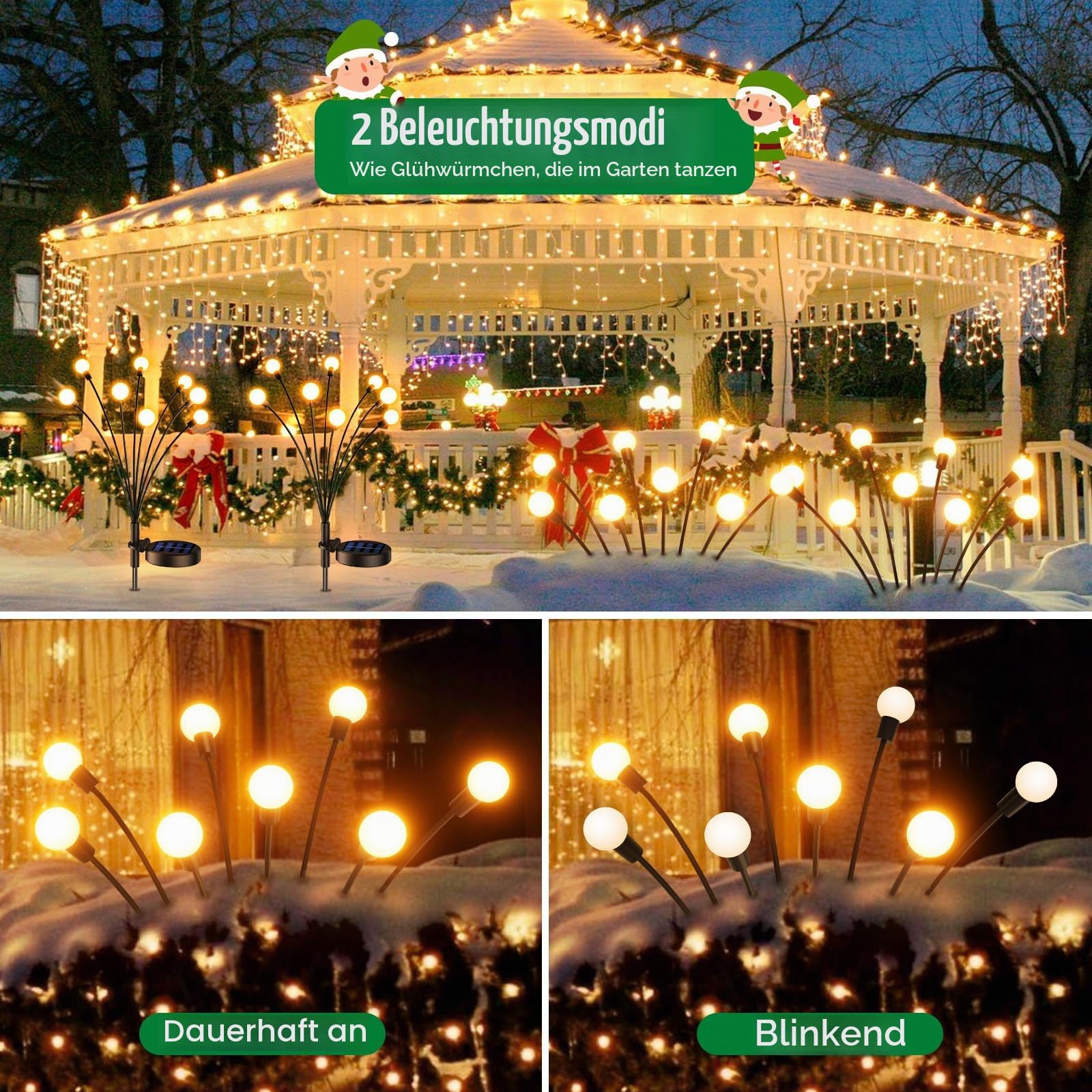 GEARLITE Firefly Solarlampen für Außen Garten 4 Stück, 32LED Superhelle 2 Lichtmodi Glühwürmchen Solarleuchten für Außen mit Warmweißem Licht IP65 Wasserdicht Schwingende Garten-Deko für Pathway Yard