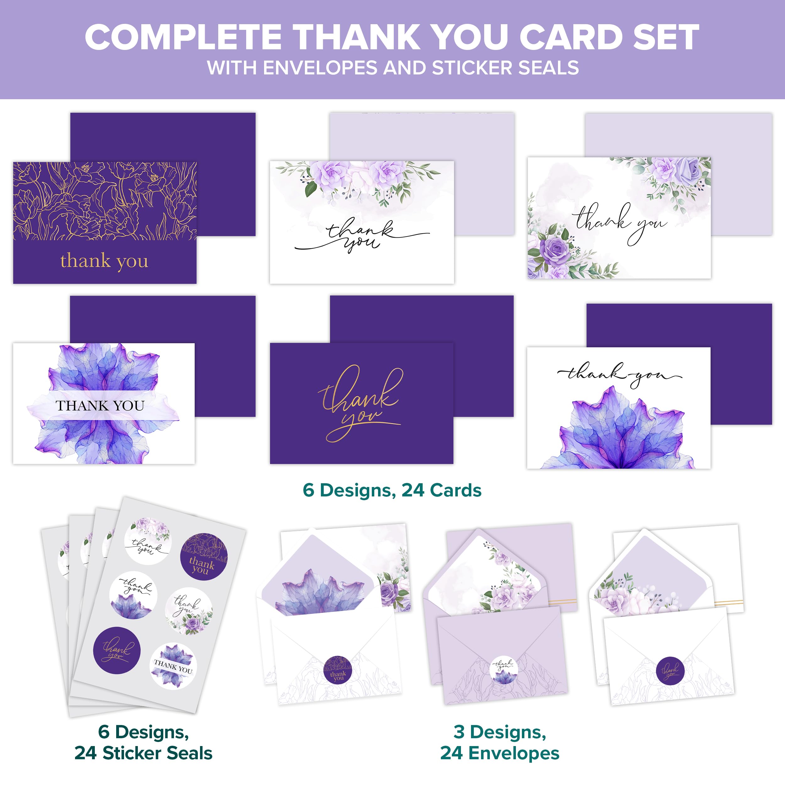 Decorably 24 Pack 6x4in Purple Thank You Cards with Envelopes and Stickers, 6 Elegant Designs Thank You Cards Purple - Image 2