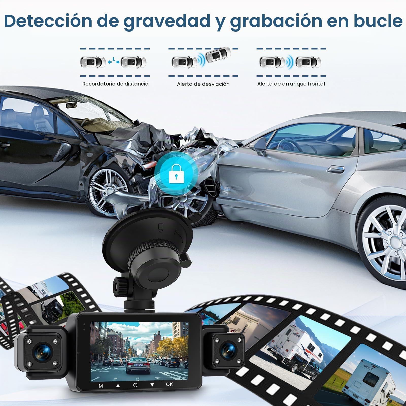 Hodozzy 1080P Cámara de Salpicadero Delantera y Trasera de 360° con 4 Cámaras con 5GHz WiFi, Visión Nocturna IR, Ayuda Inversa, Grabación en Bucle, Sensor G，Control del Ejercicio