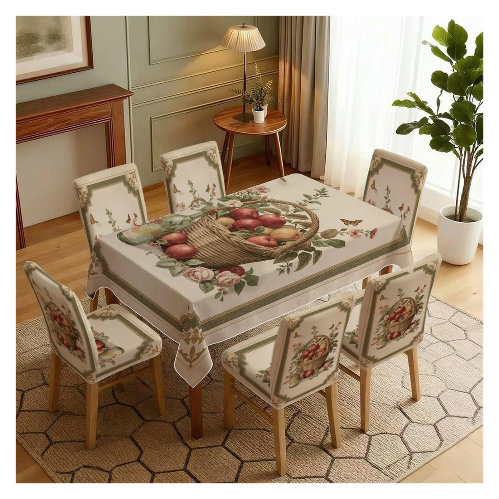 BOSUYBN Vintage Fruit Basket Butterfly Dining Tablecloth & Chair Covers Set, 5/7 Piece Classic Country Farmhouse Home Decor Table Setting(7pcs Set: Tablecloth+Chair Covers)