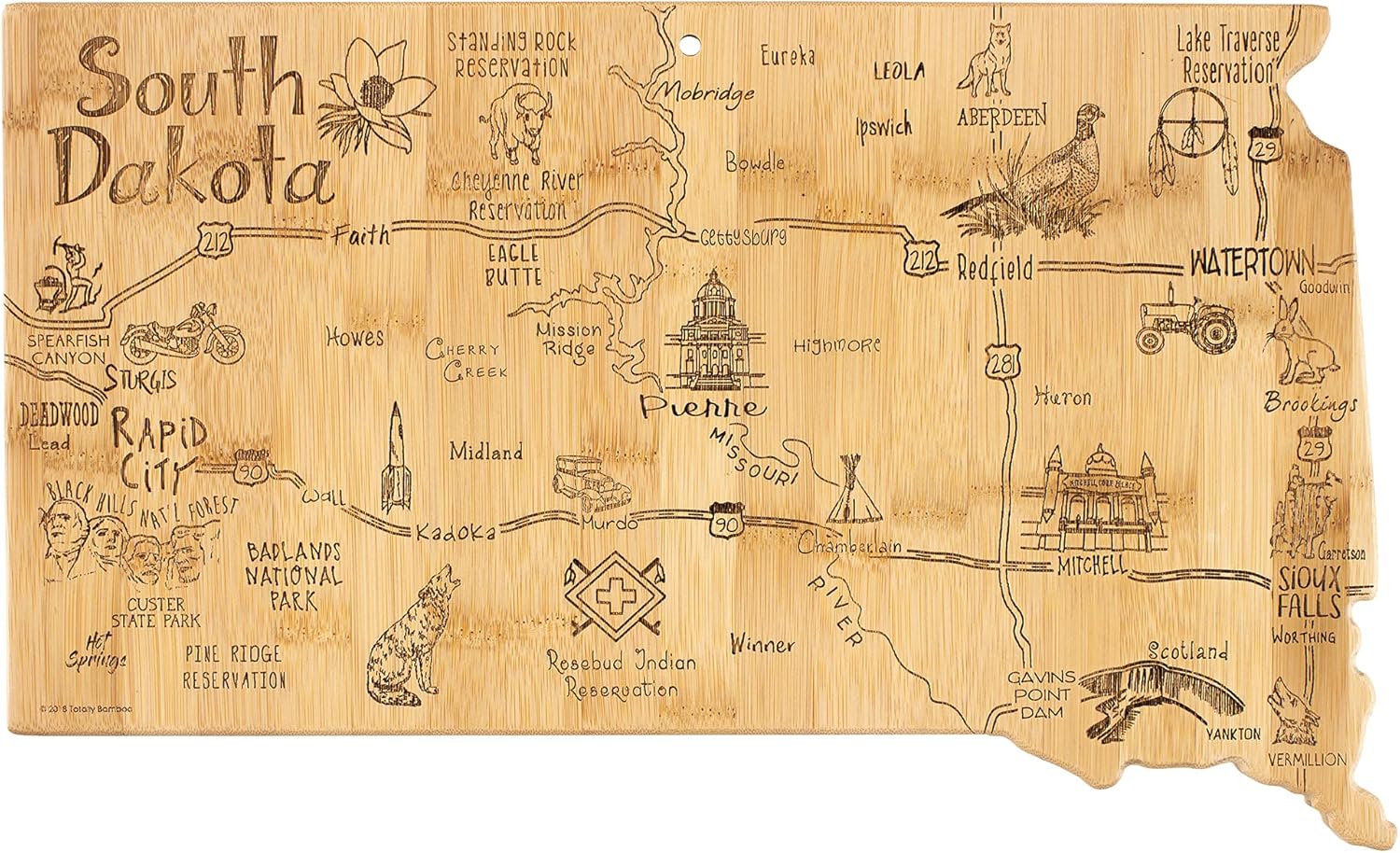 Totally Bamboo Destination South Dakota State Shaped Serving and Cutting Board, Includes Hang Tie for Wall Display