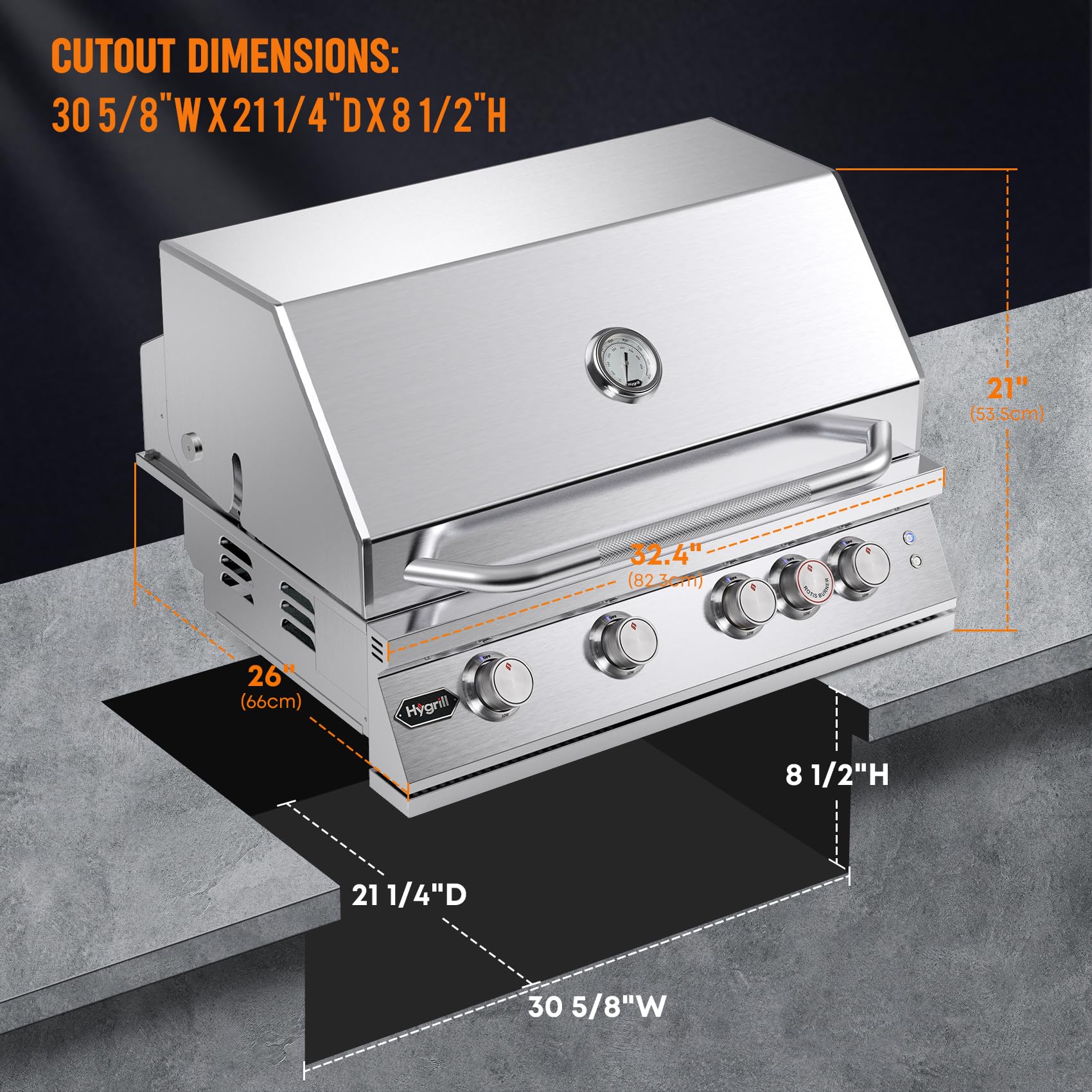 Hygrill Premium XTR - Parrilla integrada de 32 pulgadas, cabezal de parrilla de acero inoxidable con 4 quemadores para cocina al aire libre con quemador infrarrojo trasero y luces LED, gas natural 2