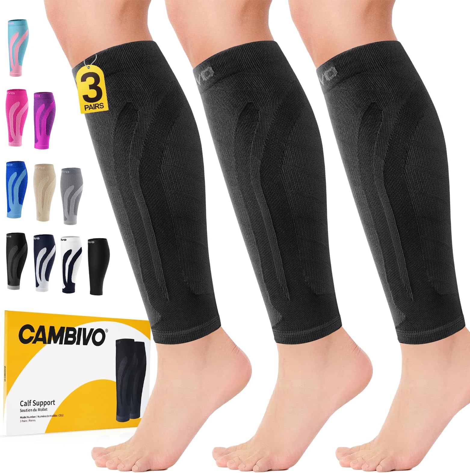3-Pair Calf Compression Sleeves for Men & Women – Footless Socks for Shin Splints & Leg Pain Relief, 1 Pair Available