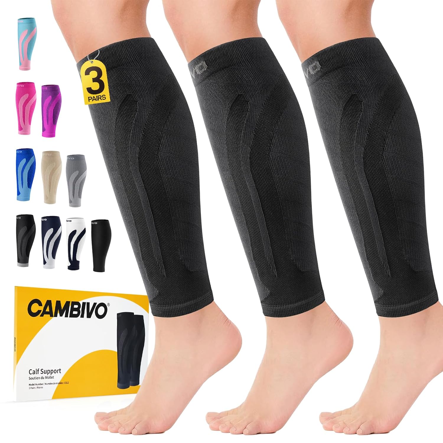 CAMBIVO Calf Compression Sleeves for Men Women Footless Socks for Shin Splint Leg Pain Relief 1- or 3-Pair