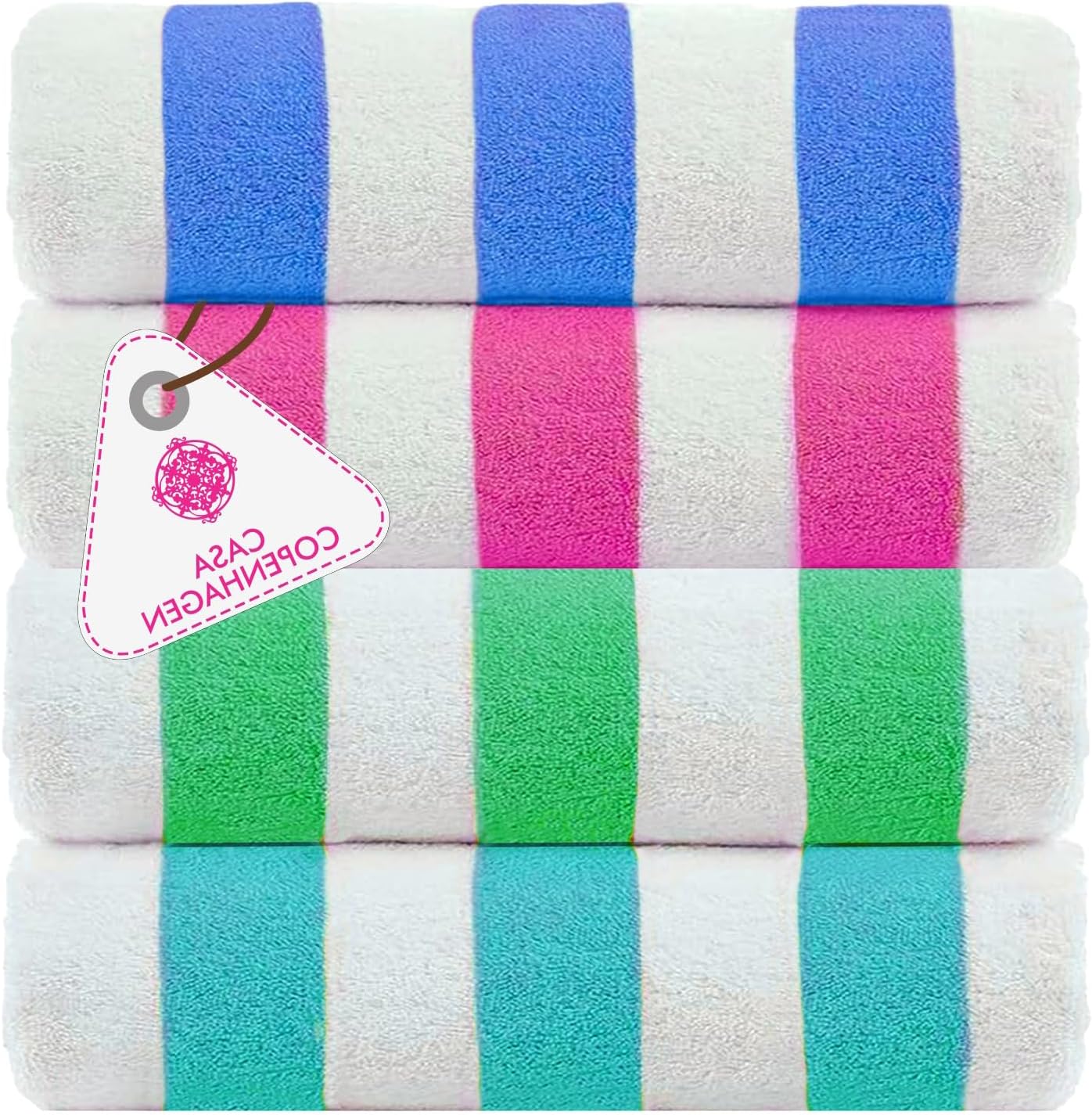 Casa Copenhagen Cabana Beach Towels Set of 4 - Quick Dry 100% Egyptian Cotton 30x60 Inch, Turquoise Royal Blue Pink Green