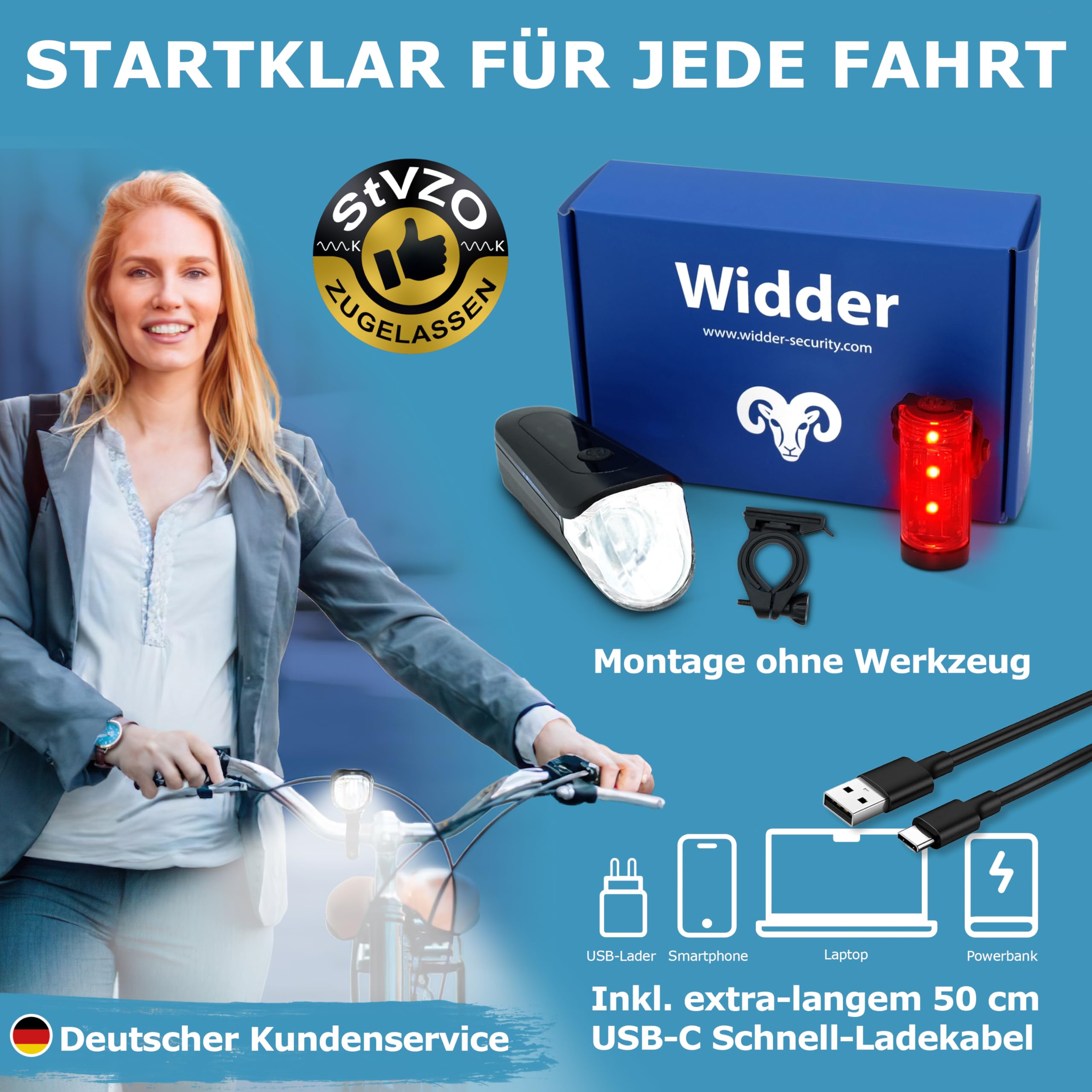 WIDDER Fahrradlicht Set Vorne und Hinten [StVZO zugelassen, extrem hell 170 Lum] – Fahrrad Licht USB C aufladbar – Fahrradbeleuchtung mit Automatik-Modus – Fahradlichterset LED Bike Light & Rücklicht