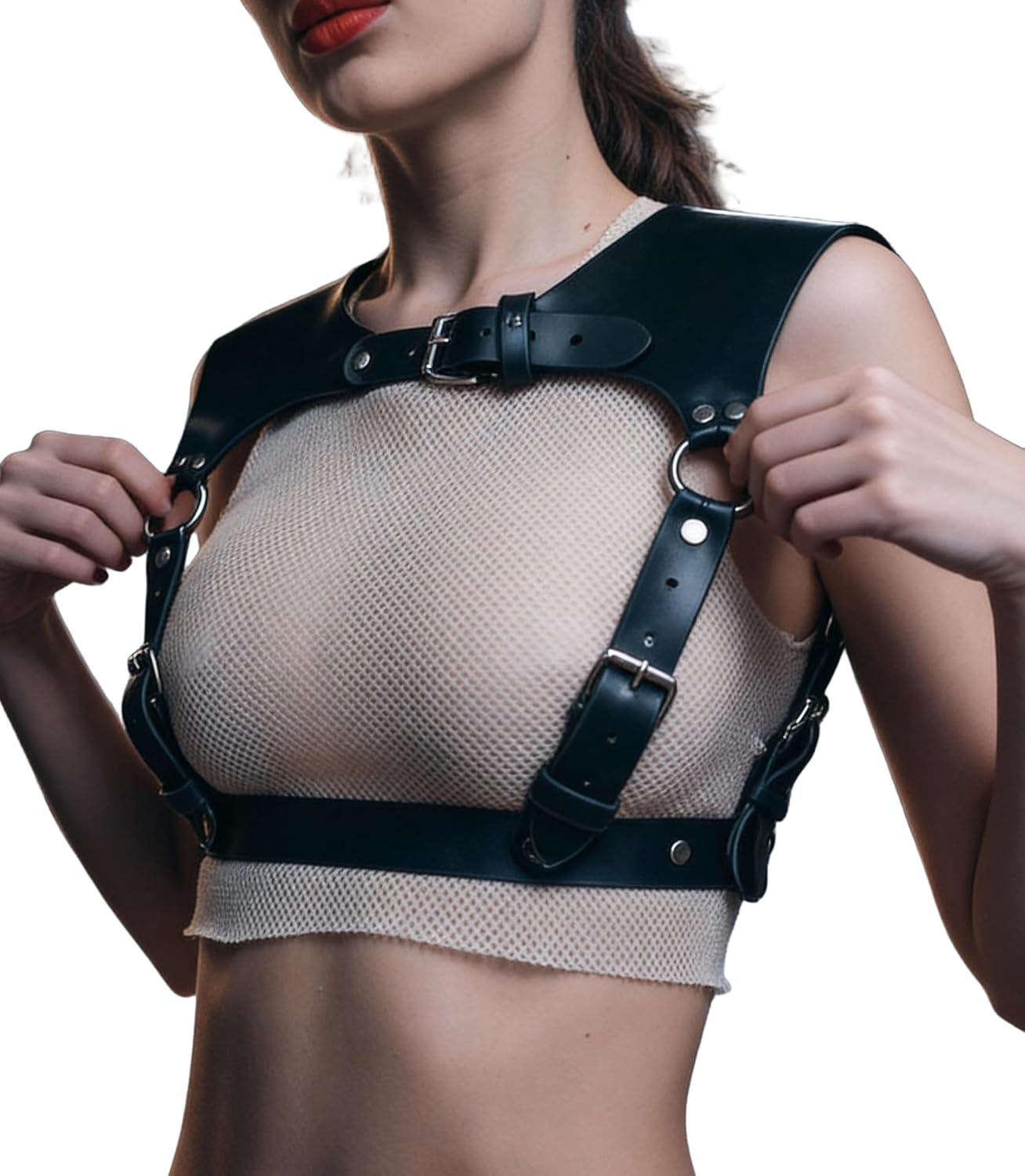 Adjustable Faux Leather Shoulder Harness for Women, Gothic Chest Strap with Alloy Rings, Punk Shoulder Belt for Festival, Rave, Cosplay, Clubwear & Alternative Outfits(Fit Waist 28.7-37in)