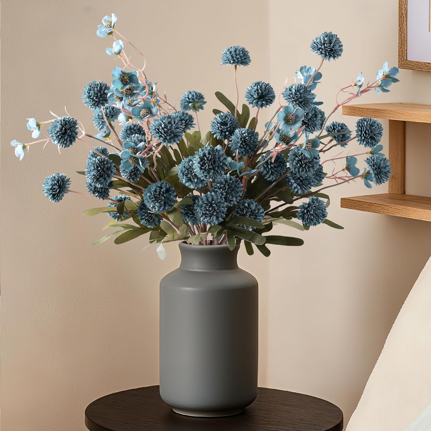 HyeFlora Fake Kiku Flowers, Faux Silk Pompon Mums Artificial Flowers, Chrysanthemum Stems Floral Arrangement Dried Flowers Vintage Decorative Indoor Home Decor Blue with Wax (Vase not Included) Blue Wax+kiku