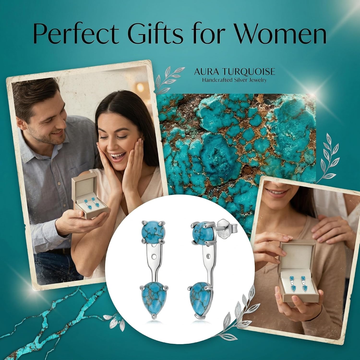 Turquoise Earring Jackets 925 Sterling Silver Natural Turquoise Front Back Ear Jacket Stud Earrings Western Boho Jewelry Gifts for Women