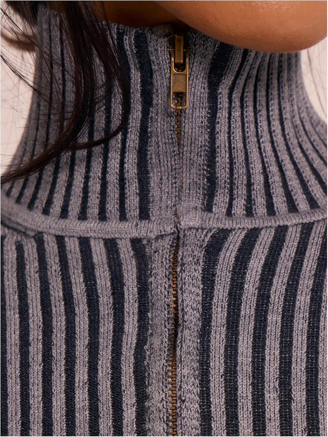 MakeMeChic Women's Y2K Cropped Sweater Cardigans Striped Zip Up Cardigan High Neck Fall Sweaters Crop Tops - Image 4