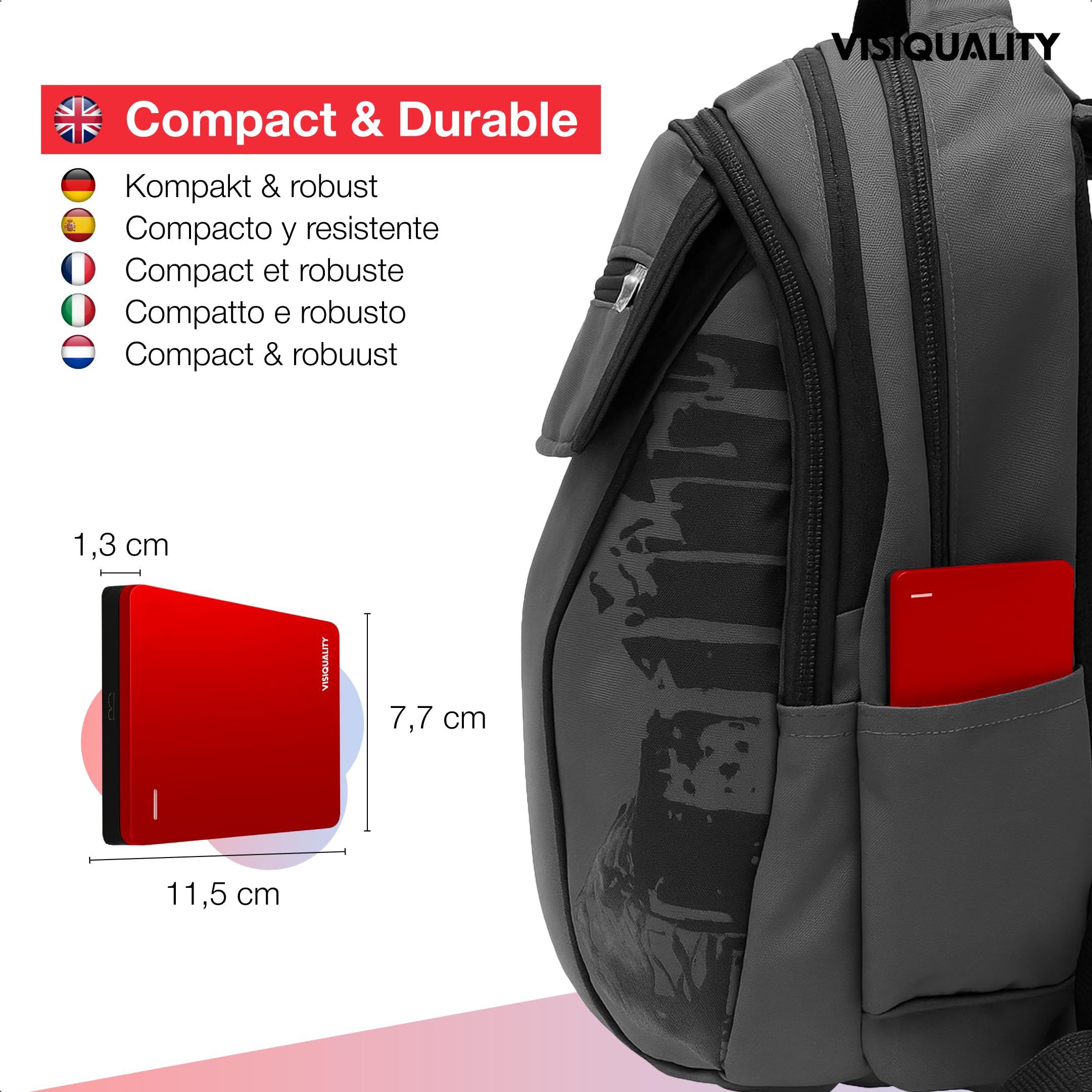 Schnelle Externe Festplatte, 1 TB, HDD, USB 3.0/C, kompatibel mit Plug & Play, Rot