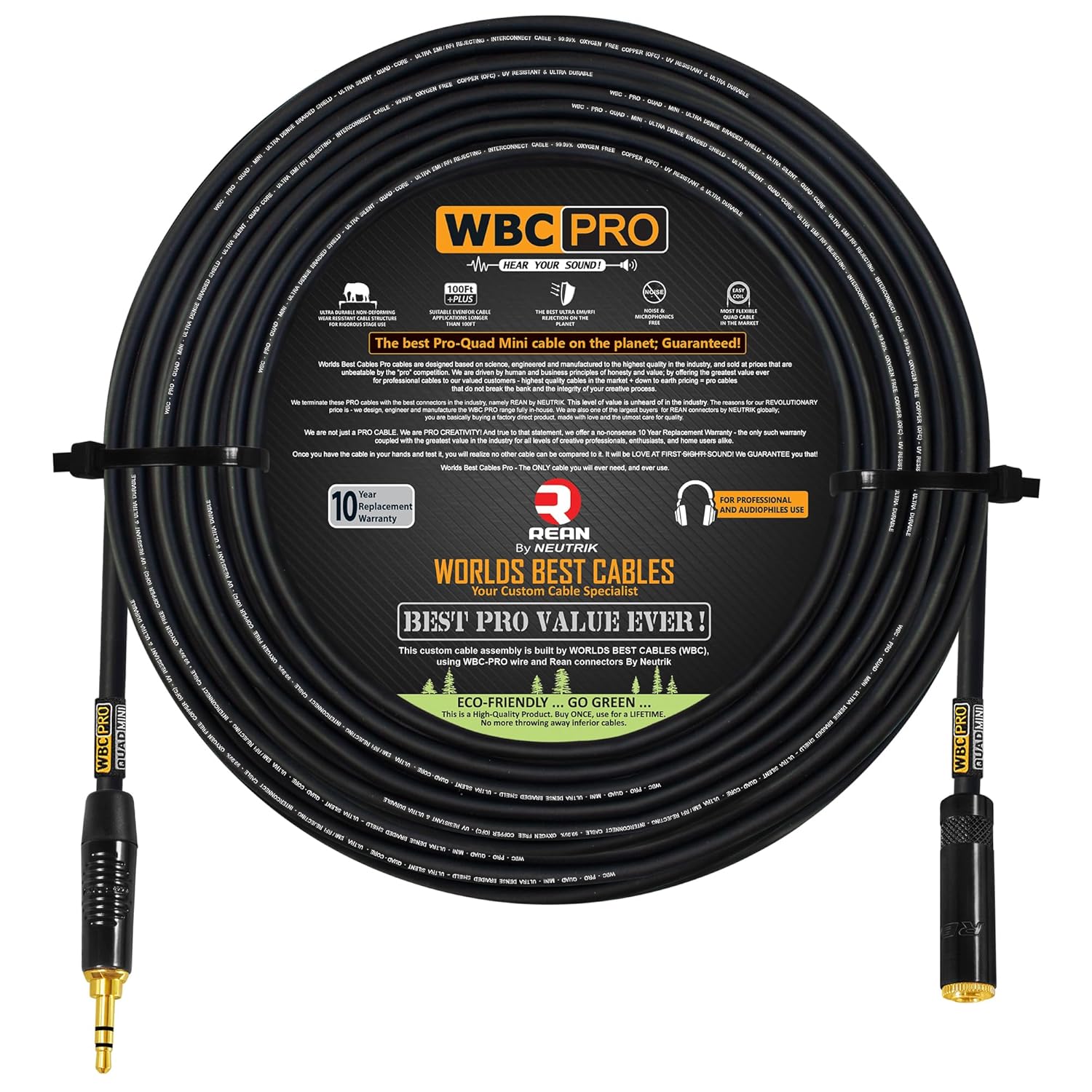 50 Foot - WBC-PRO-Quad-MINI Ultra-Silent Ultra-Flexible Balanced Mini-Star-Quad Auxiliary Cable with Neutrik-Rean 3.5mm Gold Mini TRS Male & Female Plugs