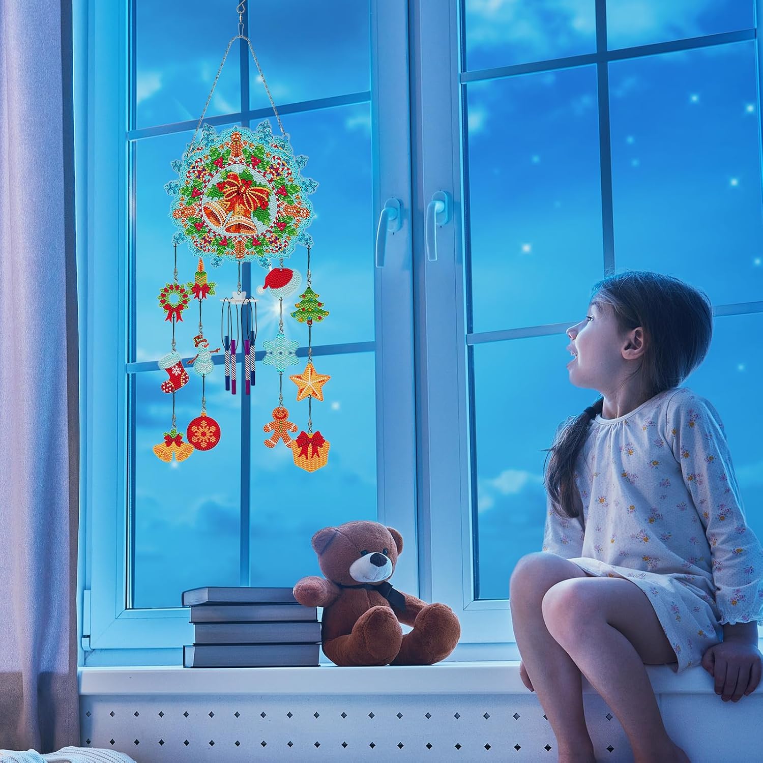 DIY Dotted Diamond Art Painting Wind Chime Kit, Three-Dimensional Sun Catchers Diamonds Dot Paintings Hanging Ornaments, for Spring Garden (Double-Sided Point Drilling)-2PC Christmas1