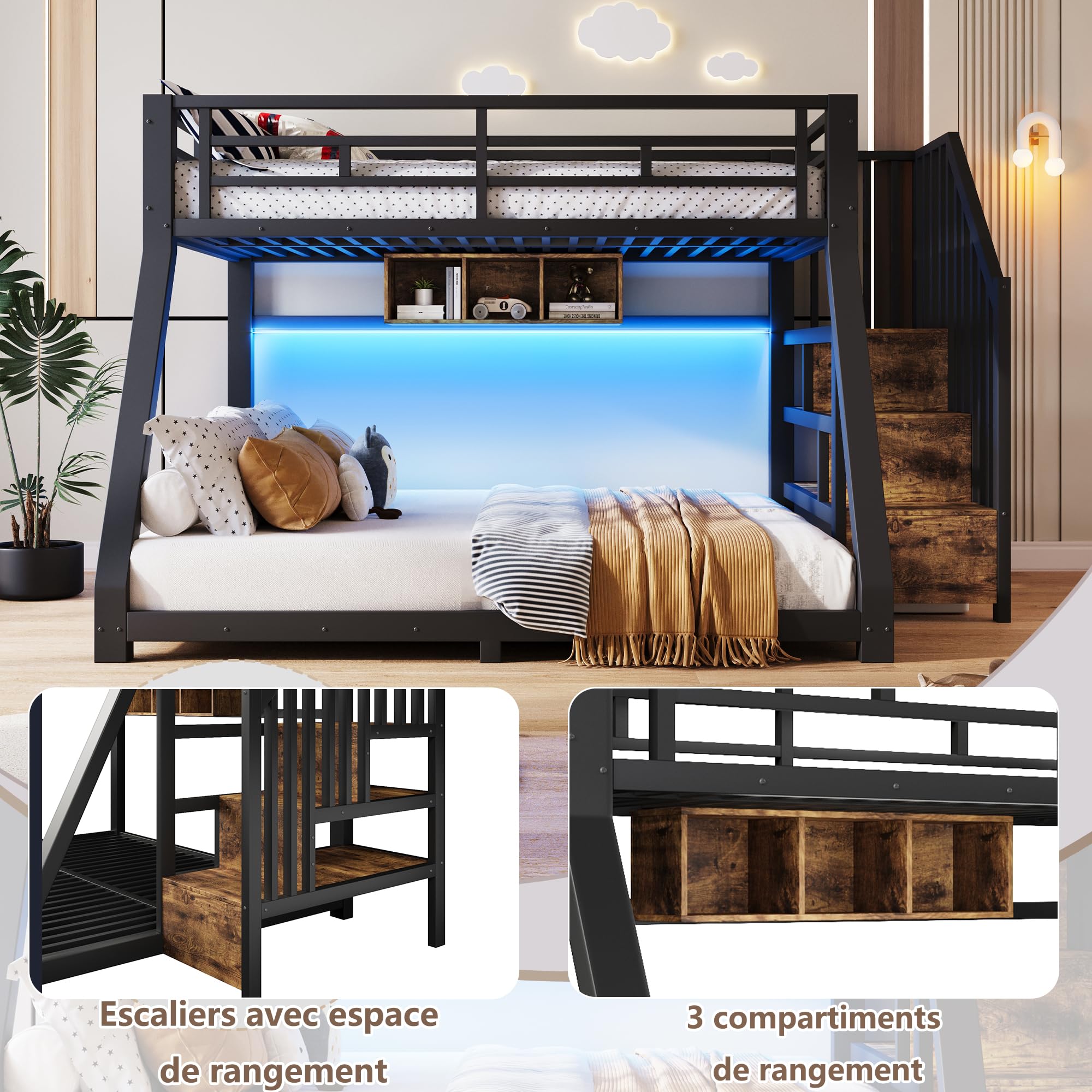 Letto a castello con luci a LED,Letto superiore 90×200 cm,Letto inferiore 140×200 cm,con 3 vani contenitore,Materiale metallico con scaletta contenitore,guardrail e pediera,Nero (Senza materasso)