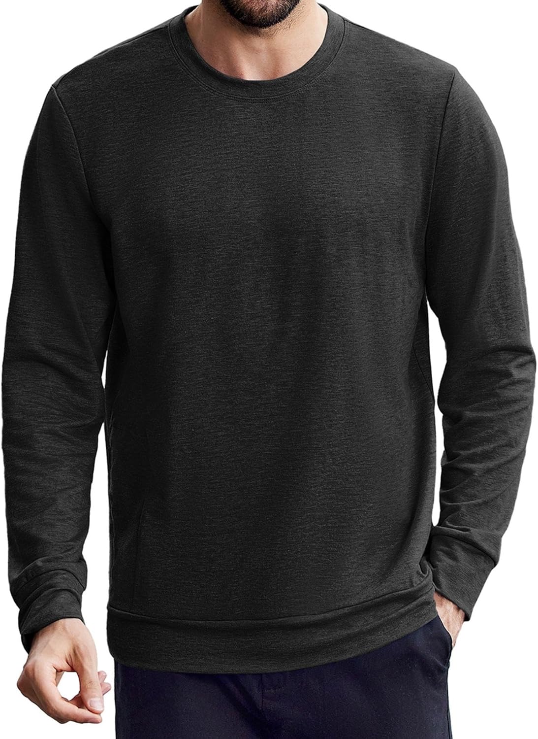 PINSPARK Men's Long Sleeve Shirts Crew Neck T-Shirt Casual Pullover Tees Soft Stretch Basic Tee Shirt with Zipper Pocket