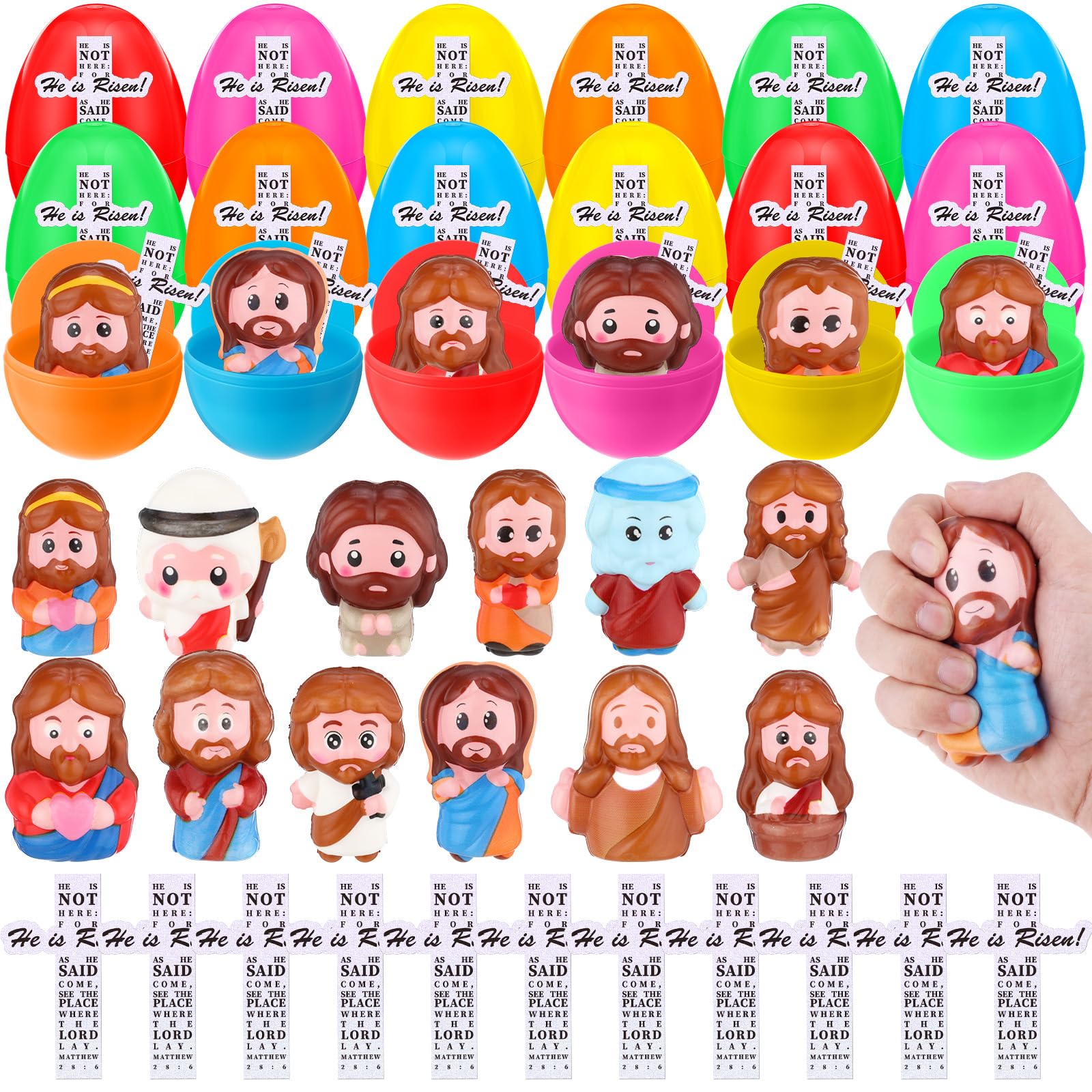 Novabright 36 Sets Easter Eggs with Little Jesus Squeeze Figures He Is Risen Scripture Cross Sticker Cards for Pocket Seek Hide Tiny Action Basket Stuffers Christian Church Sunday School Hunt Games