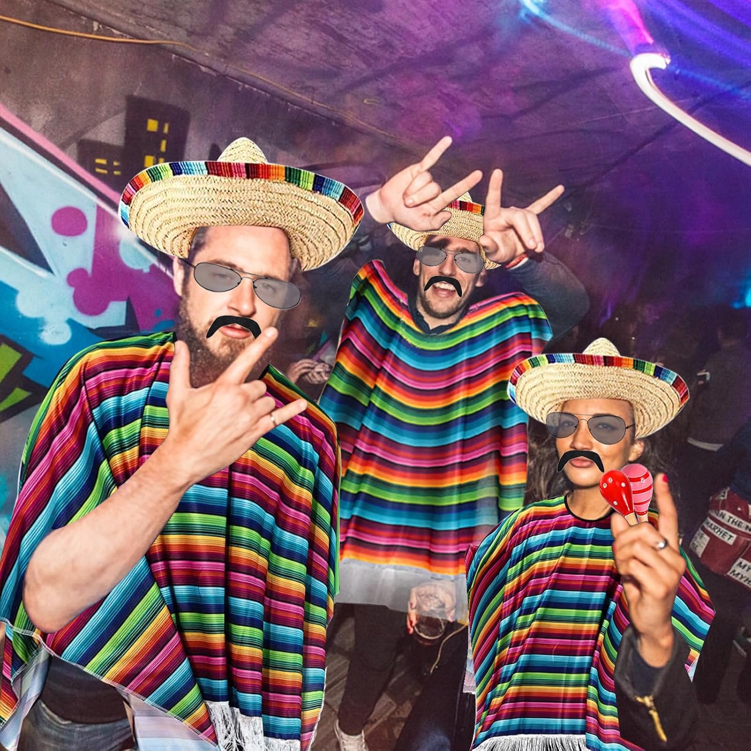 Mexican Poncho and Sombrero Set for Adults,7Pcs Mexican Party Costume Set Includes Fiesta Serape Poncho Sombrero Hat Sunglasses Fake Mustache Maracas Stick Prop for Cinco De Mayo Costume - Image 4