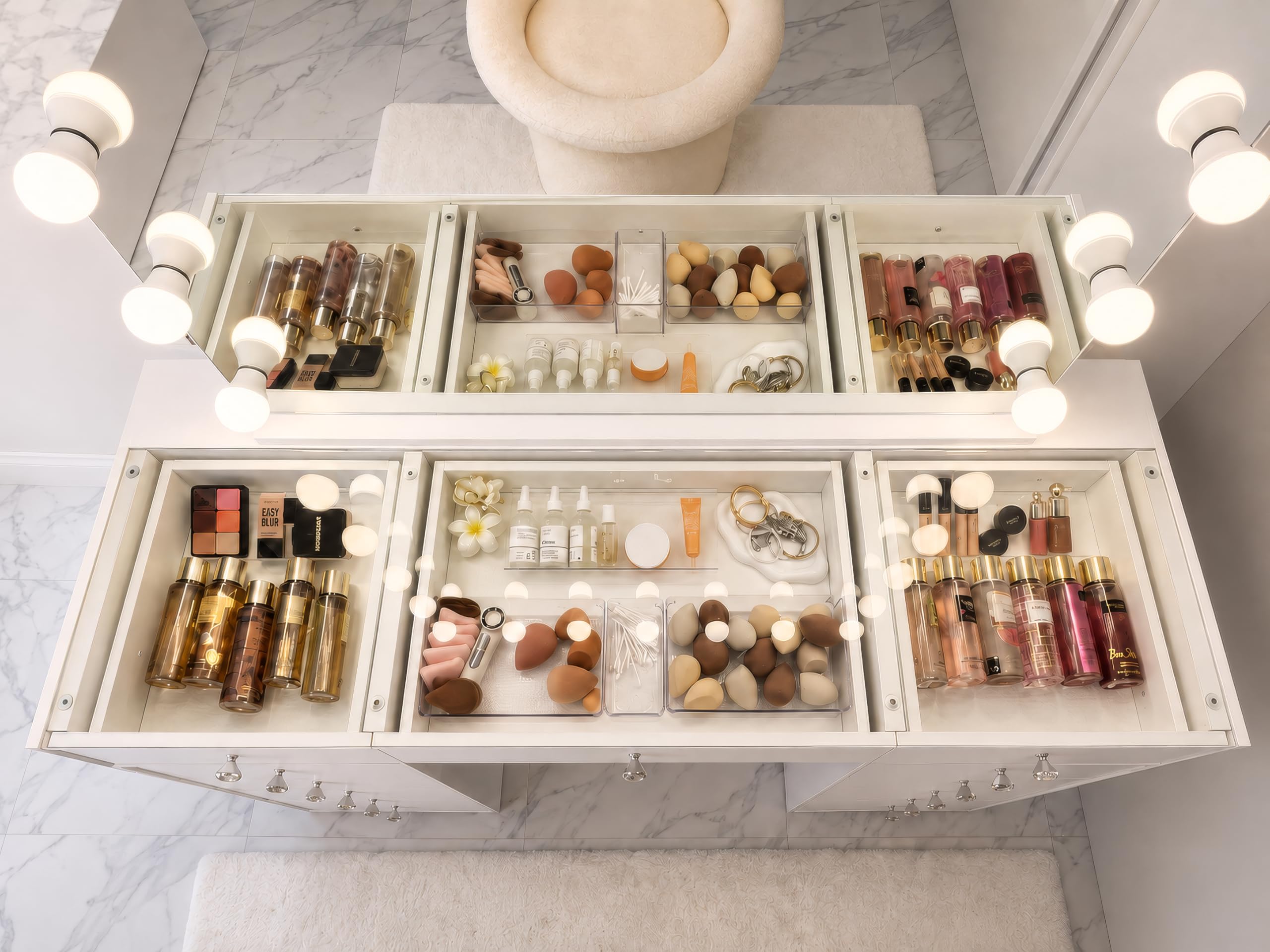Générique Coiffeuse Vanity avec Miroir Lumineux LED Bluetooth USB – 13 tiroirs – Blanc