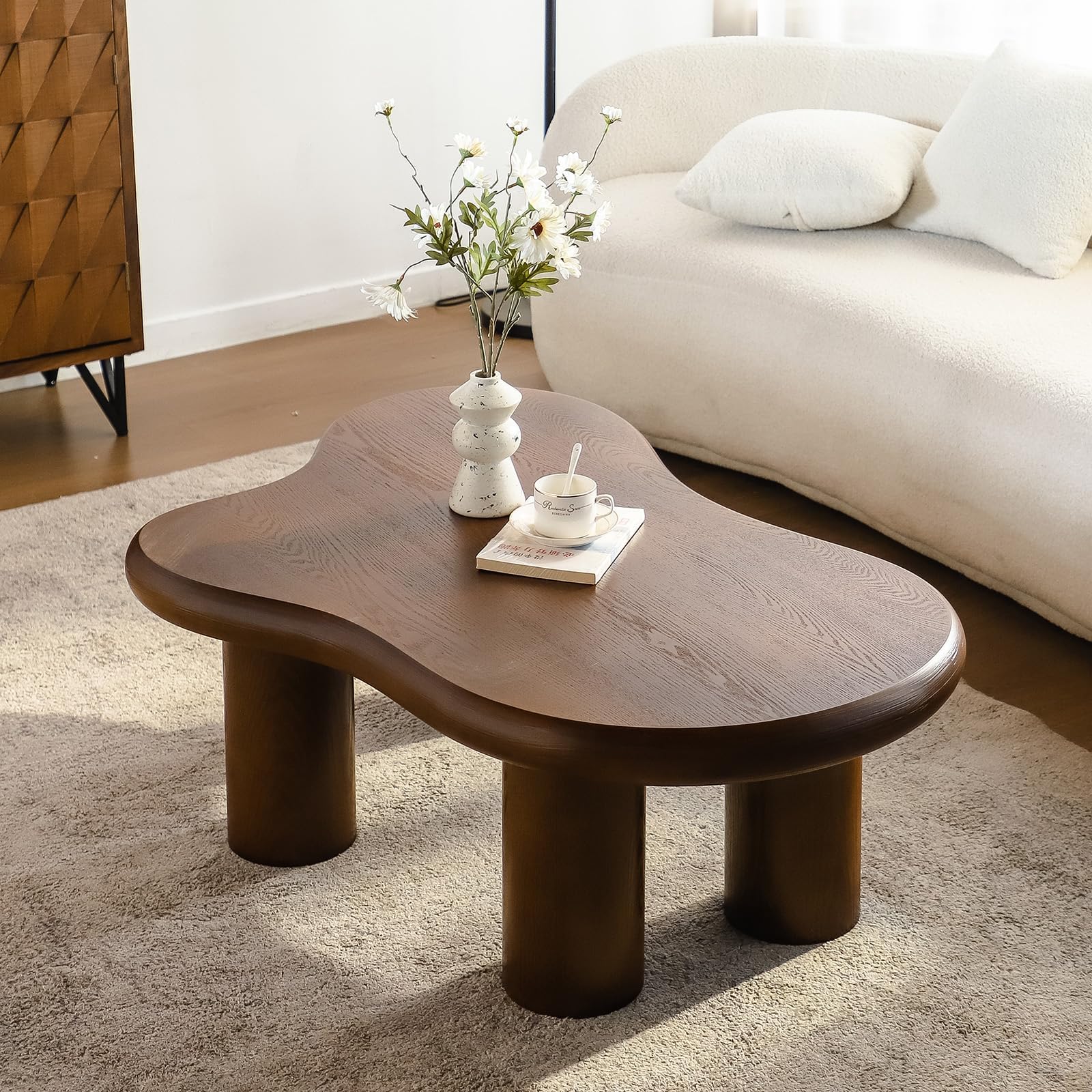 Asymmetrical Cloud Coffee Table with 4 Cylindrical Legs Cream Modern Cloud Coffee Table Easy to Assemble for Farmhouse Living Room Study (E Brown 46in)