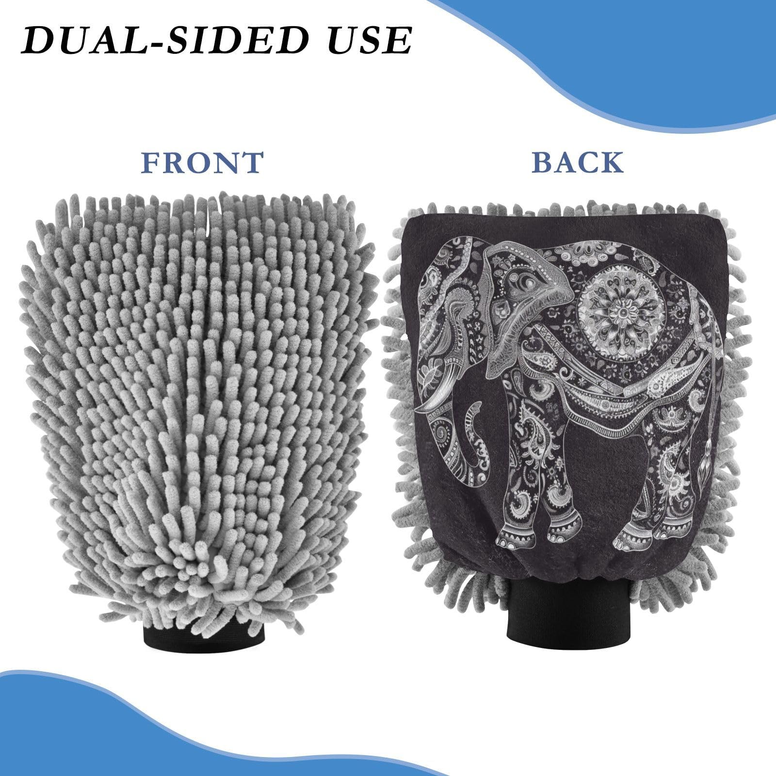 ALAZA Elephant Paisley Car Wash Mitt Scratch Free, 2 Pack Absorbent Microfiber/Chenille Washing & Drying Mitts, L
