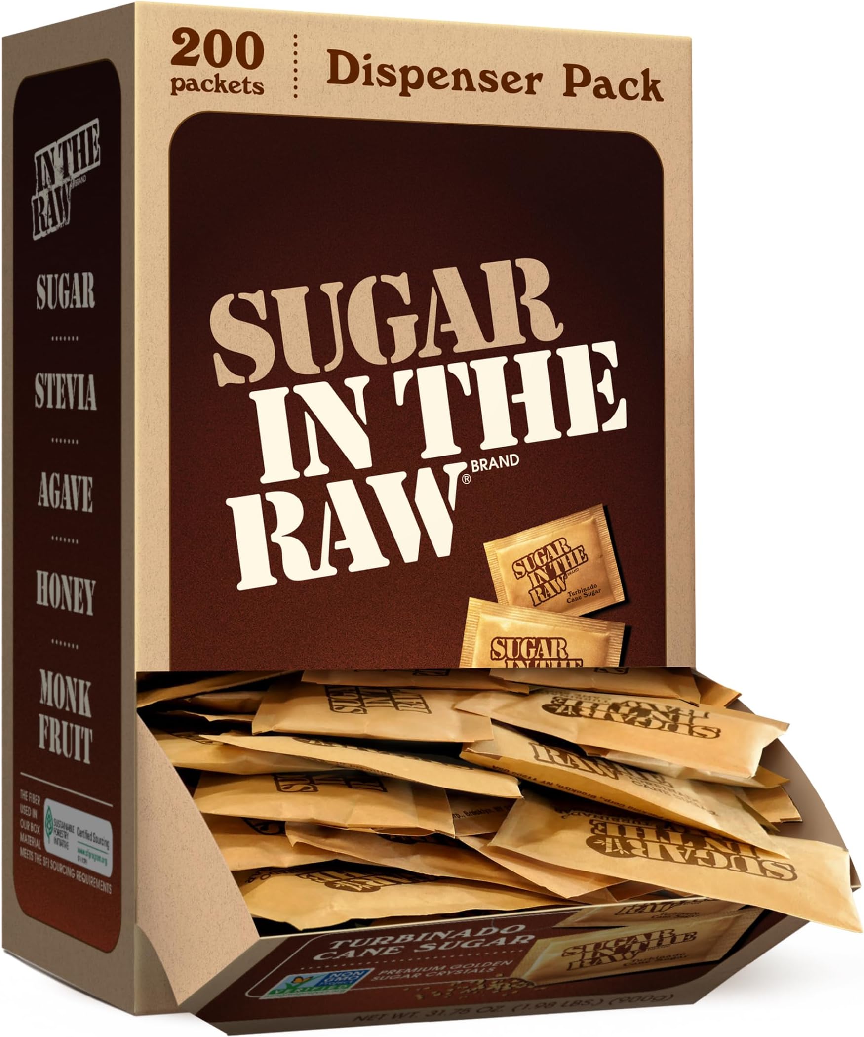 - Sugar In The Raw Turbinado Cane Sugar Packets, 200 Ct Box, 1 Pack, Pure, All-Natural Turbinado Sugar, Non-GMO Project Verified, Kosher, Vegan and Gluten Free