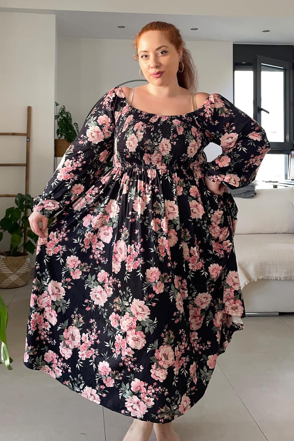 RITERA Plus Size Dresses for Curvy Women Square Neck Fall Long Sleeve Floral Smocked Maxi Dress with Pocket XL-5XL - Image 2