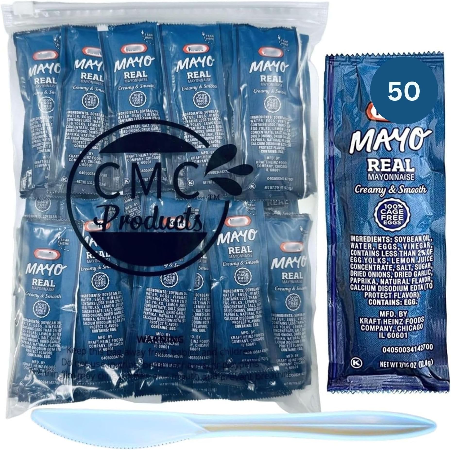 Gift Set: Mayo Packets (12g) – 50 Count with Spreader in Food-Safe Resealable Bag by CMC Products (approximately 50 packets)