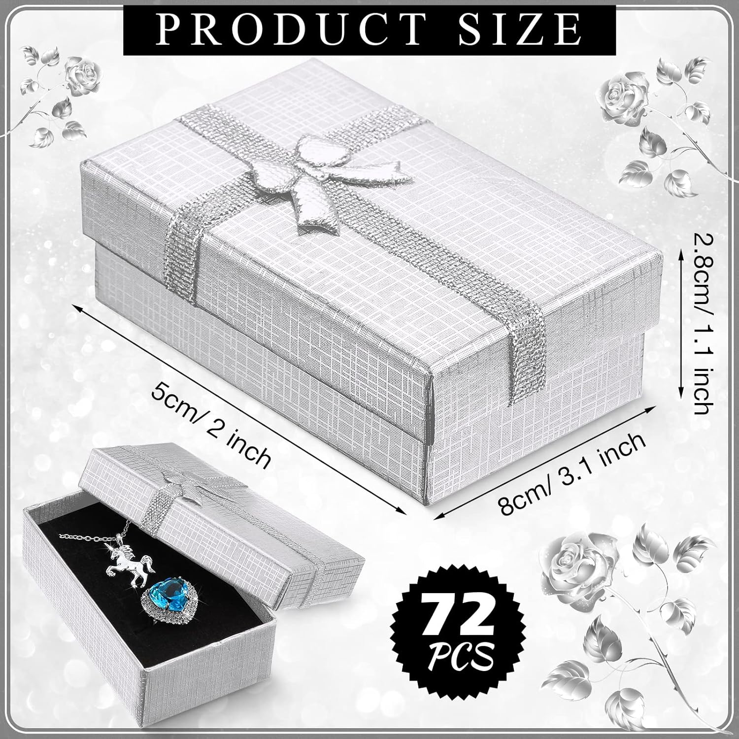 72 Pcs Jewelry Gift Box Set Small Gift Boxes Cardboard Paper Jewelry Boxes Packaging Empty Gift Boxes with Lids Ribbon Bowknot for Rings Earrings Bracelet Necklace Boxes, 2 x 3.1 x 1.1 Inch (Silver)