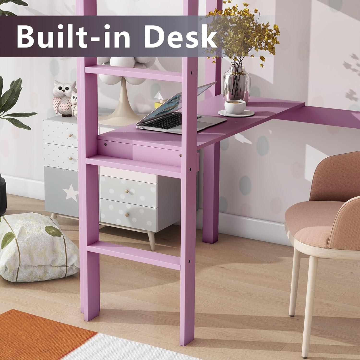 Wood Loft Bed Twin Size with Desk,Kids Loft Bed with Stairs and Rails for Toddlers Kids Teens Boys Girls,Solid Wood Salts Support,Noise-Free,Easy Assemble (Pink, Twin)