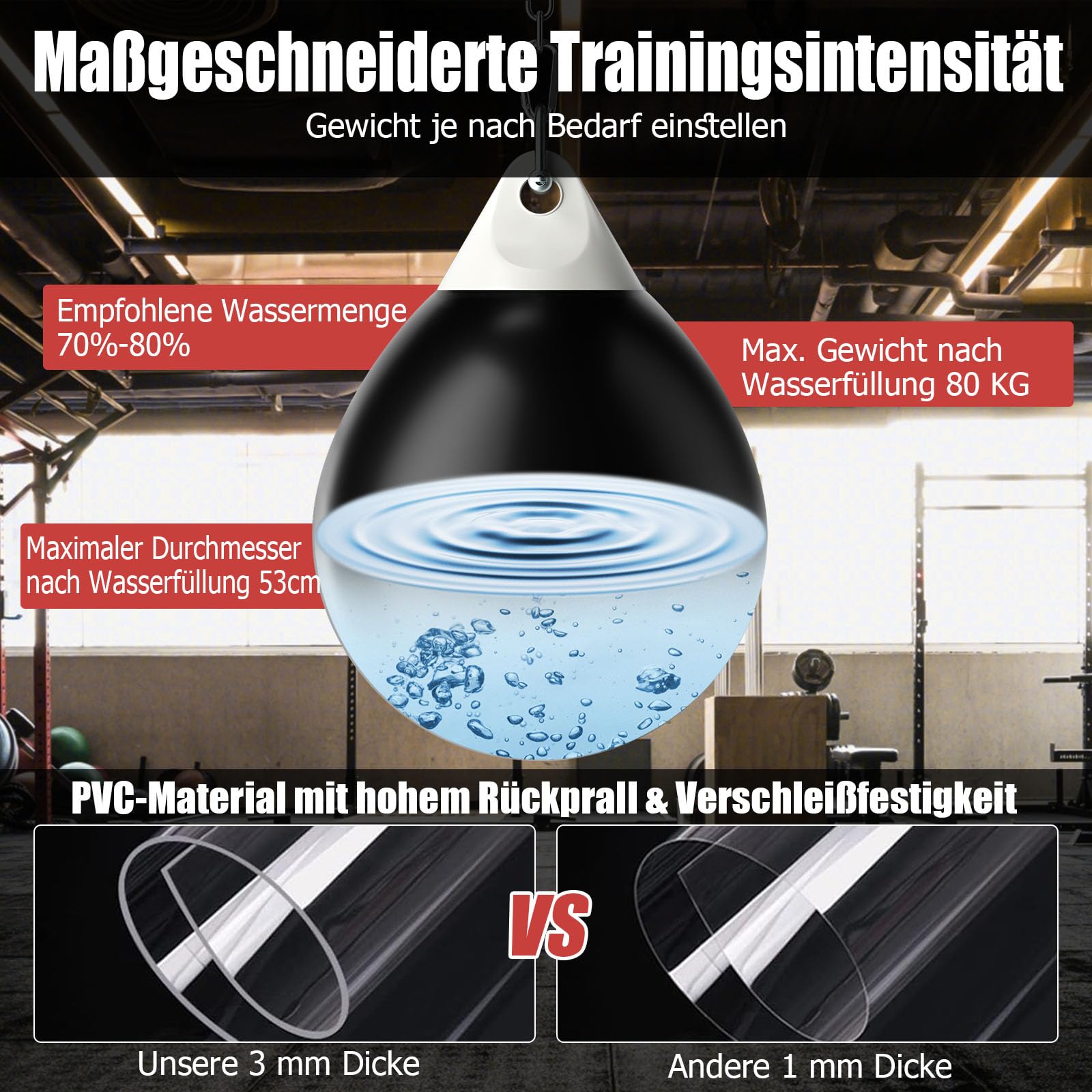 GYMAX Wasserboxsack Ø55cm aus PVC, Boxing Punching Bag mit Wasser füllbar, 80kg hängendes Punchingsack inkl. Wasserschlauch, Sicherheitsschnallen & Metallkette, für Erwachsene & Jugend, Schwarz