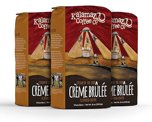 KALAMAZOO COFFEE COMPANY Crème Brulée - Café en grano entero, café con sabor a crema de la cosecha, bolsa de 12 onzas (paquete de 3)