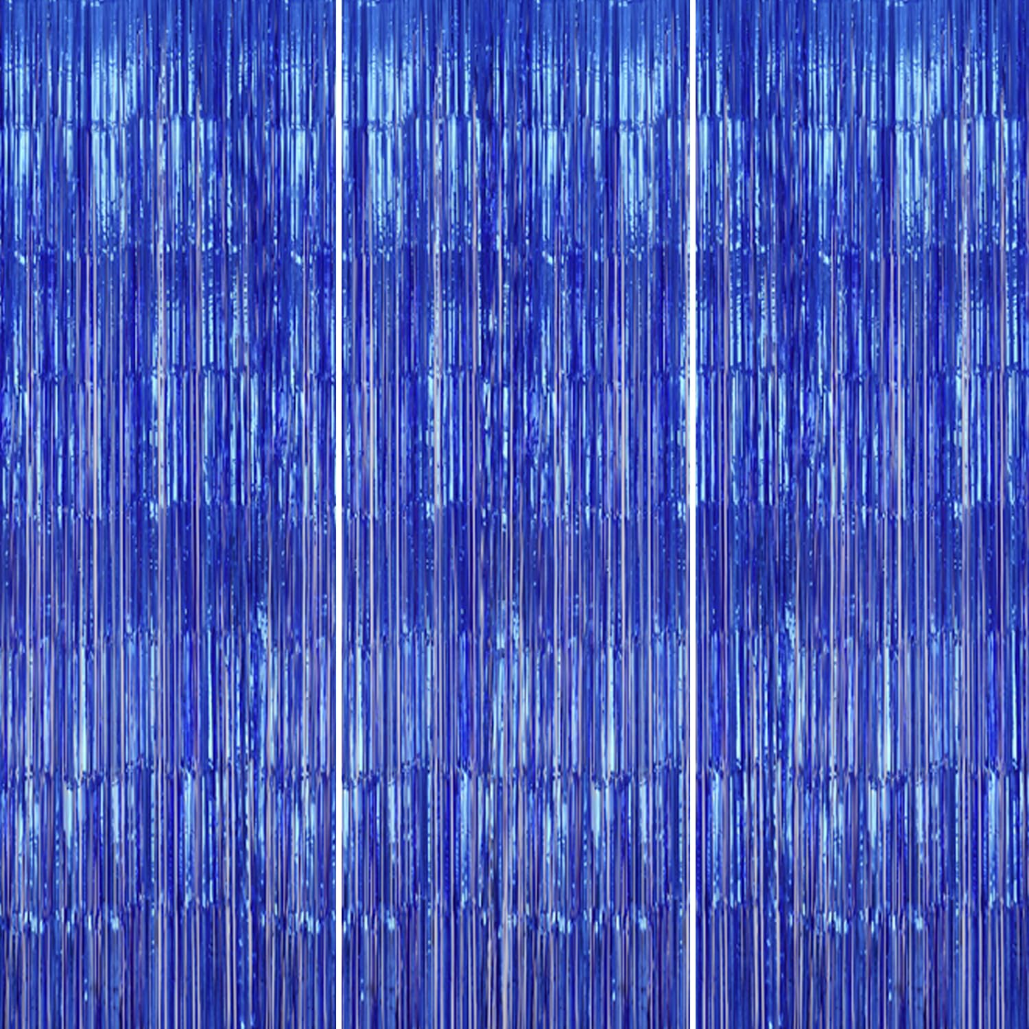 DECOCKRAT 3 Pack Foil Fringe Backdrop - Royal Blue Shiny Tinsel Curtains for Party Decoration/Photo Booth Props - 3.3x8.2 FT Metallic Foil Backdrop for Birthday, Wedding, Graduation, Christmas.