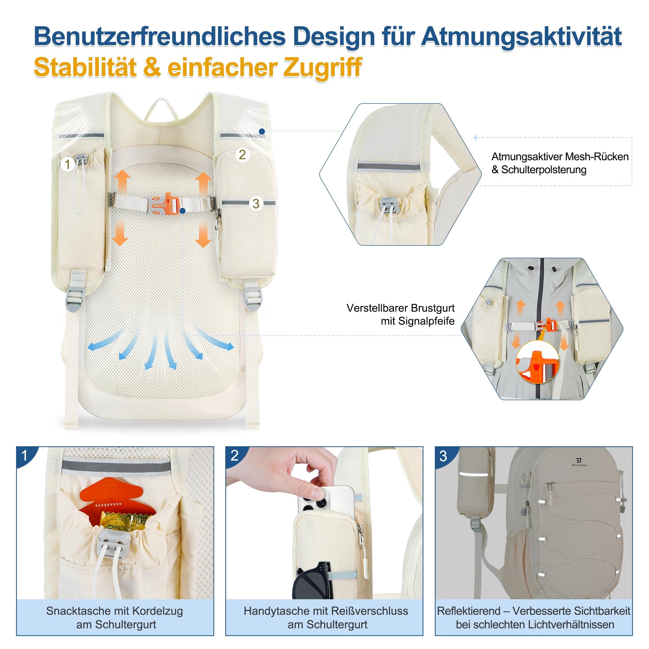 BECOJADDE 15L Kleiner Wanderrucksack Tagesrucksack Herren Damen Leichter Faltbarer Rucksack mit Brustgurt und Rückenbelüftung für Wandern Daypack Travel Rad und Ausflug, Beige