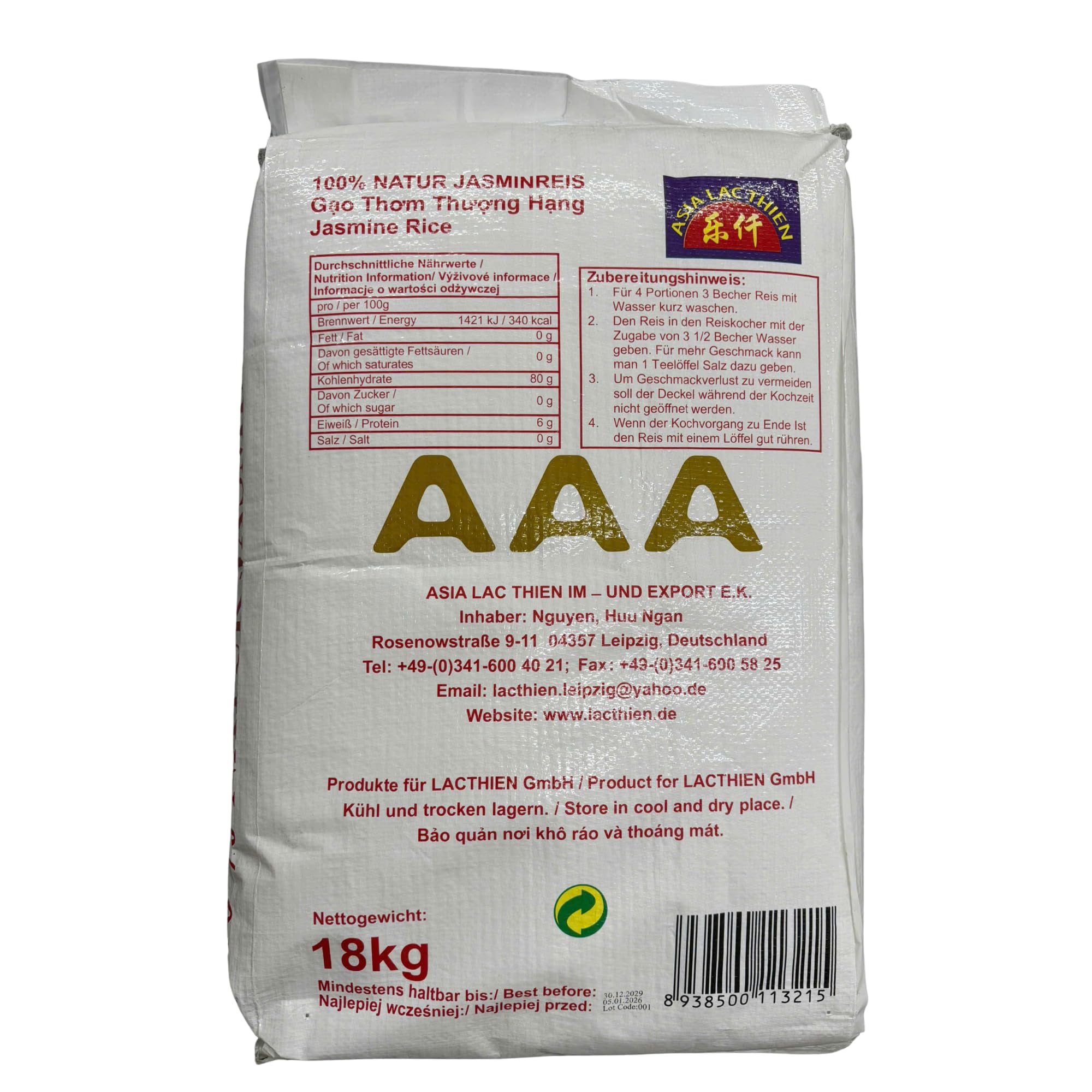 Lac Thien Premium Kambodscha Jasmin Reis 18 kg – Phka Rumduol Duftreis im Großpack – Extra Langkorn Weißer Reis, Calrose, Jasmin, Klebreis & Süßreis – 100% Natürlicher Asiatischer Reis