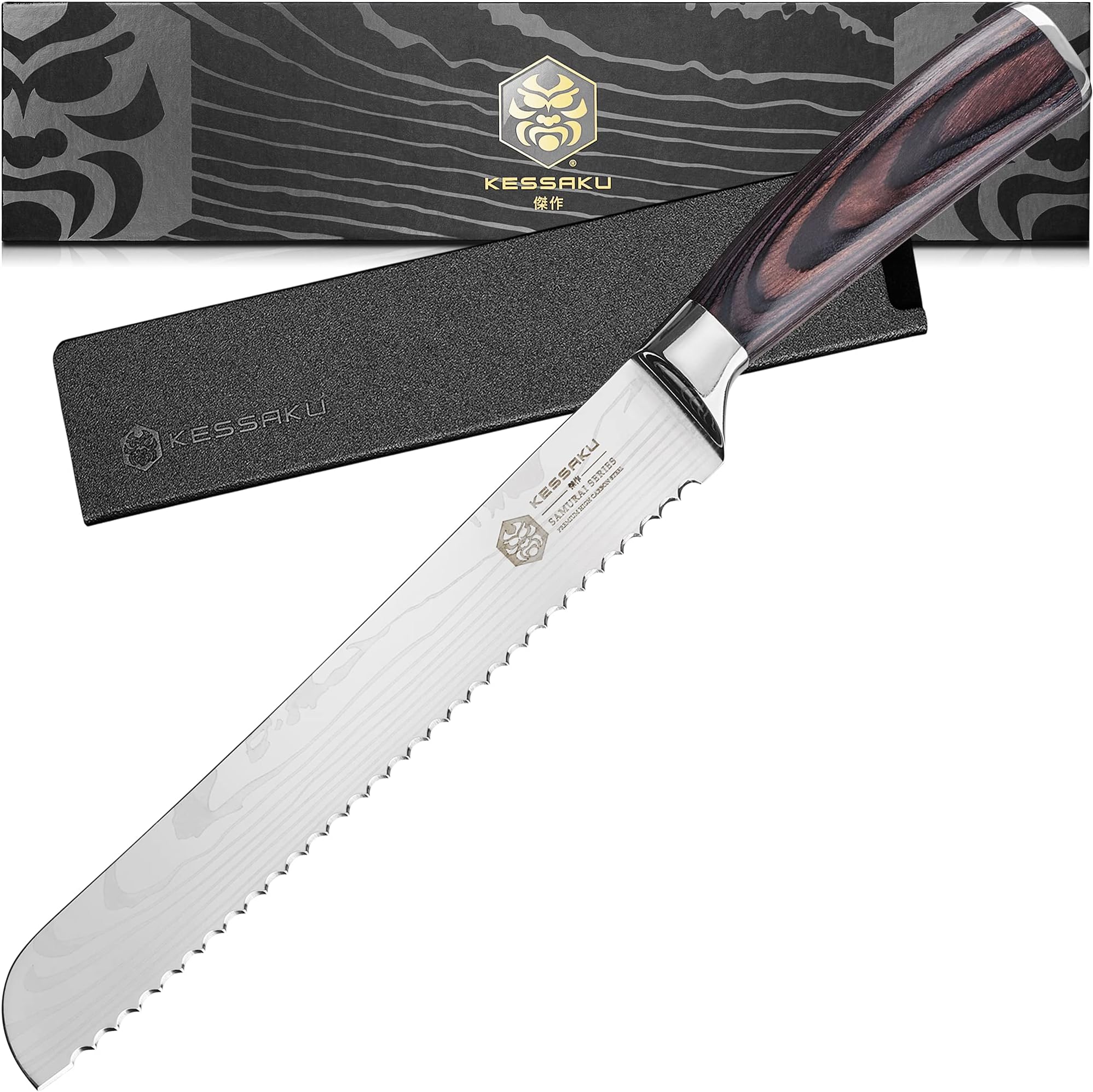 KESSAKU Serrated Bread Knife - 8 inch - Samurai Series - Razor Sharp Kitchen Knife - Forged 7Cr17MoV High Carbon Stainless Steel - Wood Handle with Blade Guard