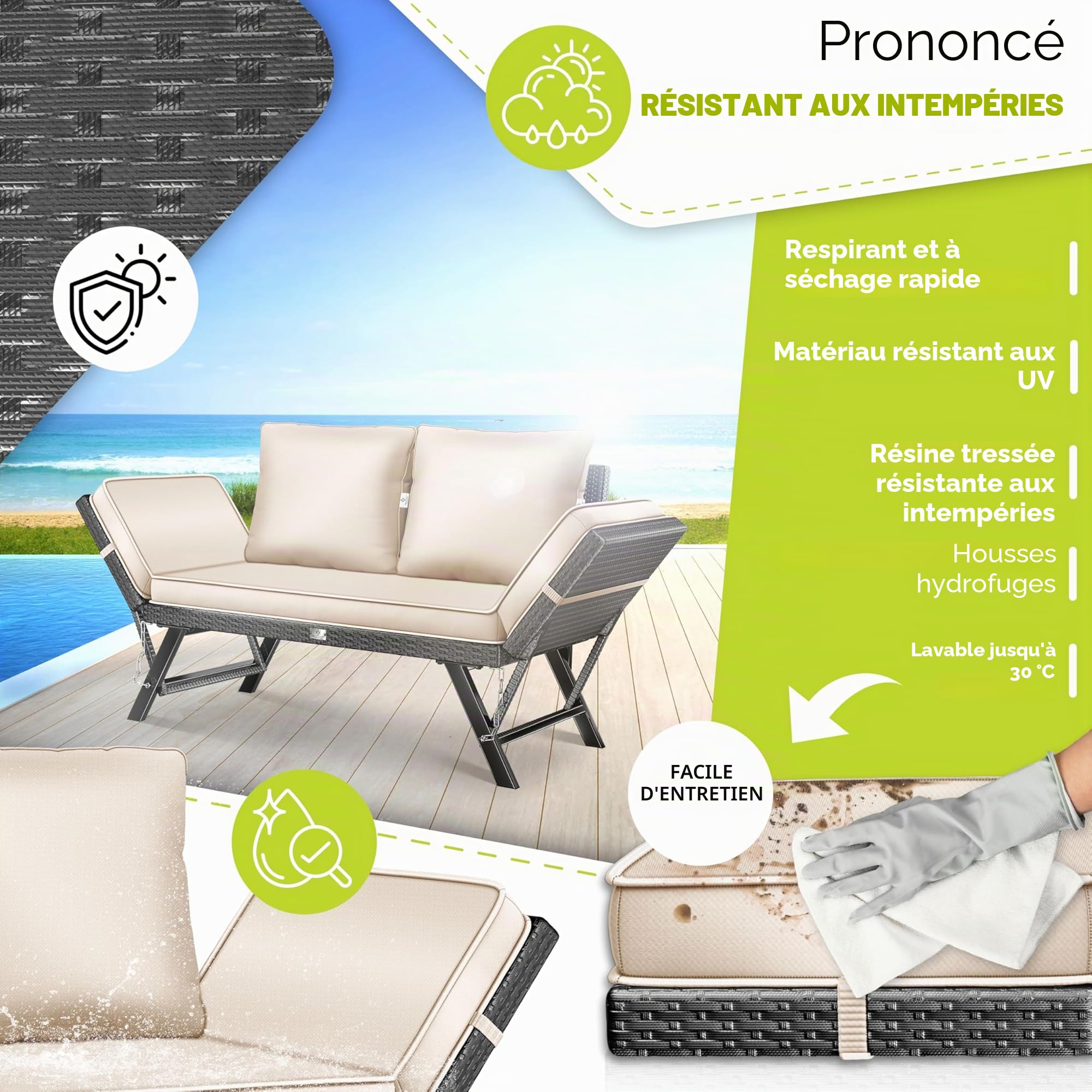 KESSER® Luna Banc de jardin en polyrotin avec fonction allongée, 4 en 1, résistant aux intempéries, canapé de balcon, canapé réglable, accoudoirs réglables, rembourrage extra épais
