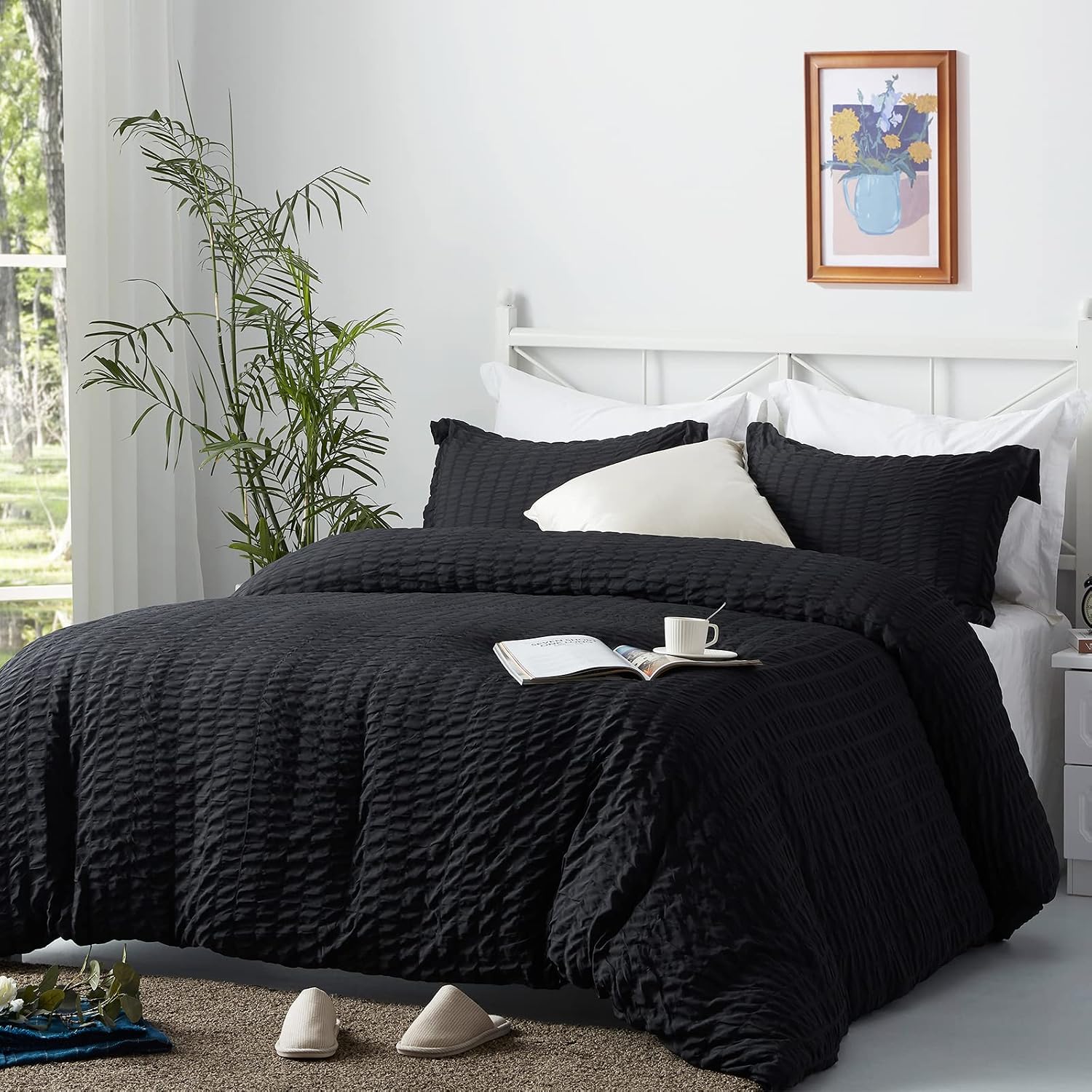 NexHome Seersucker Black Duvet Cover Set Twin Size 100% Washed Microfiber Zipper Closure & Corner Ties, 2 Pieces (1 Duvet Cover + 1 Pillow Case), Twin Size(68"*90", 20"*26")