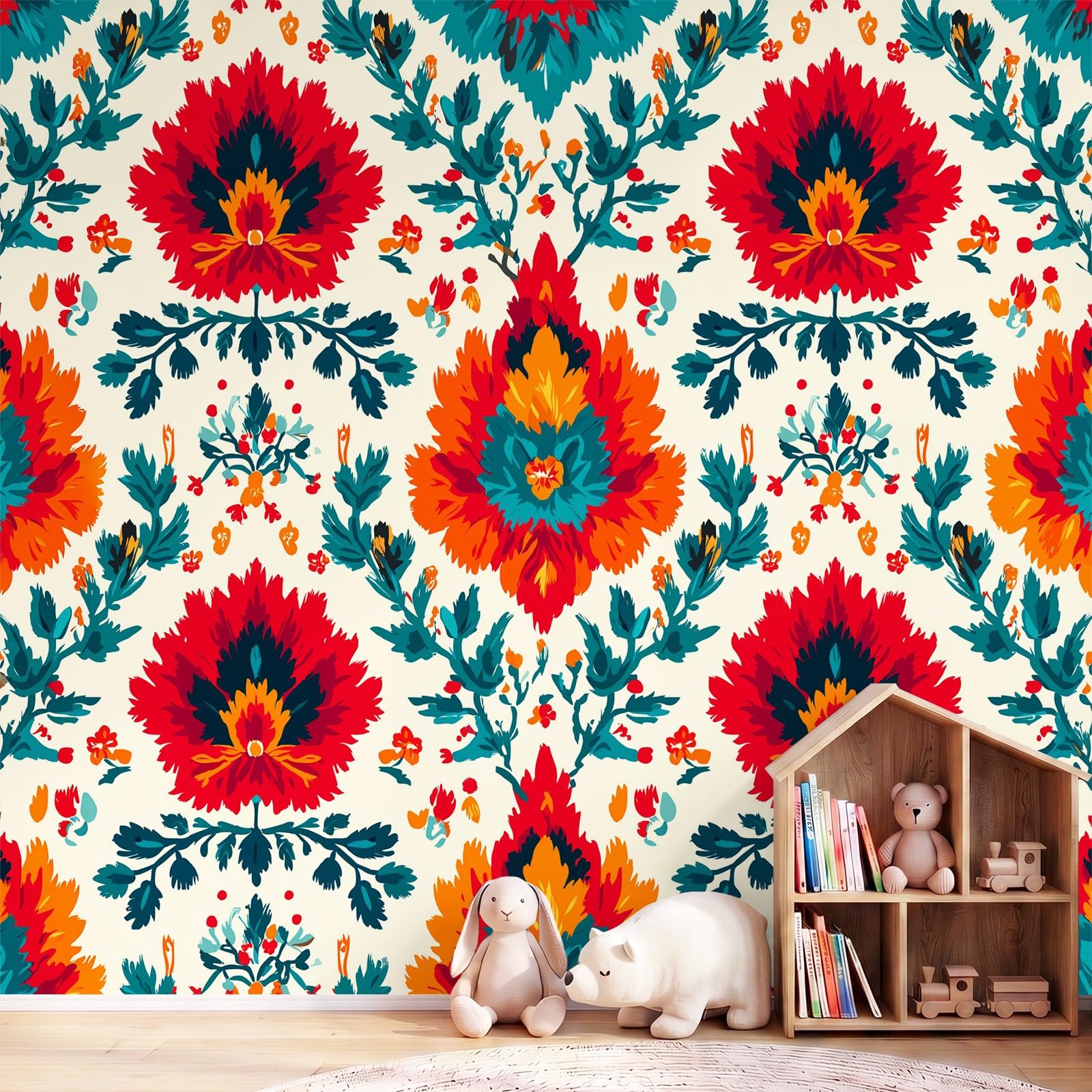 Générique Tapeta w stylu boho, vintage, botaniczna panoramiczna tapeta kwiaty, liście do salonu sypialnia olbrzymia salon, do salonu sypialnia dekoracja ścienna