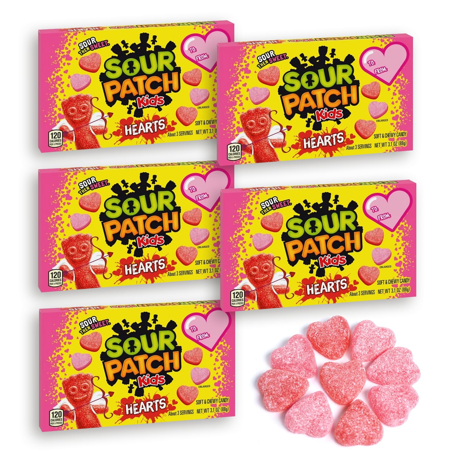 Sourptch Hearts Soft & Chewy Candy Hearts 3.1oz 5 Packs - Sour Candy Pink & Red Gummy Hearts - Sweet Raspberry & Pink Strawberry Flavors - To&From Gift Sourptch Gummy Candy Ideal for Sharing with Family & Friends - Gift Box Gummy Candy Hearts
