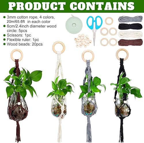 Miniatura 2 de FREEBLOSS Juego de 4 colgadores de macramé para plantas, kit de macramé para adultos principiantes, colgador de plantas para colgar en la pared,