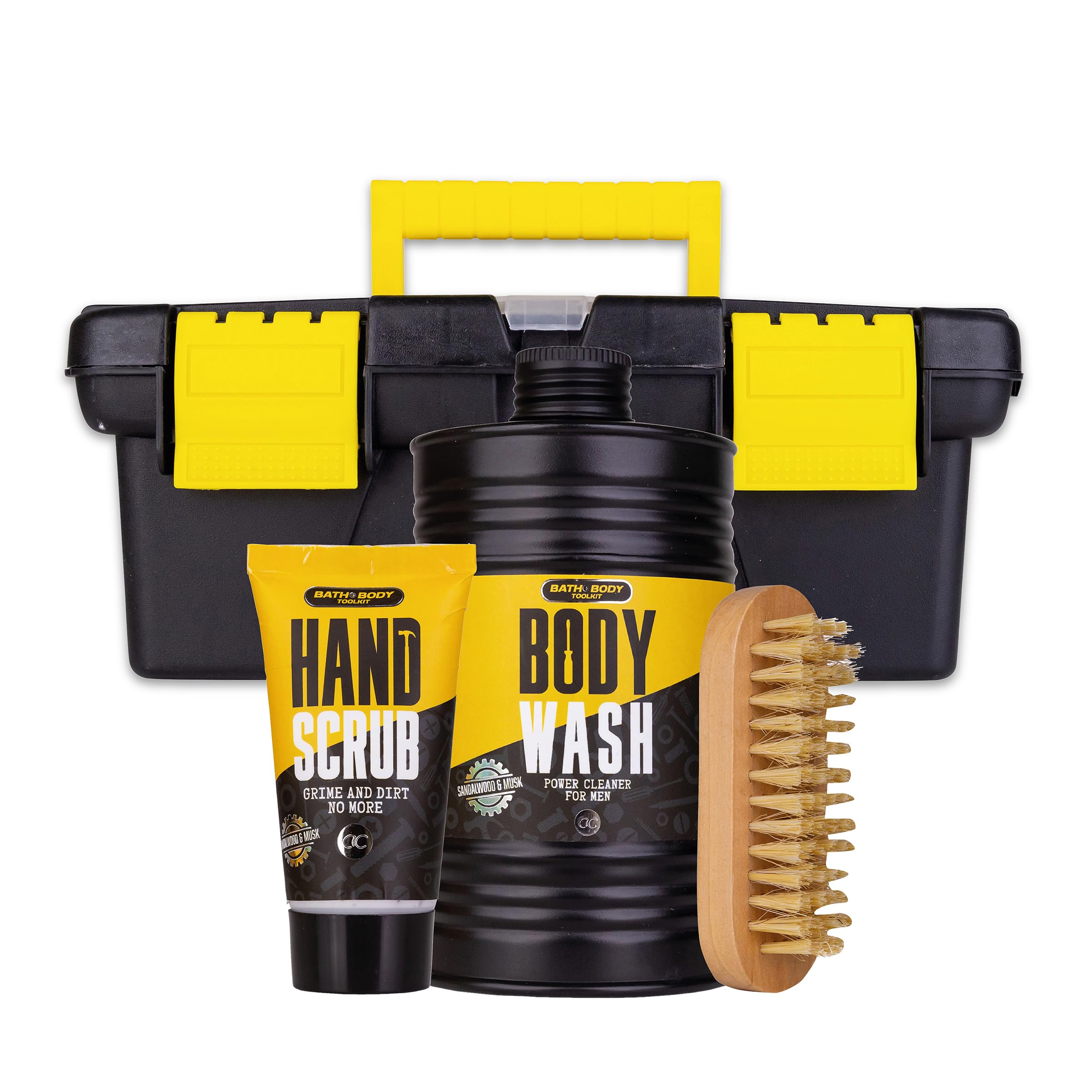 Accentra Coffret cadeau Bath + Body Toolkit pour homme, gel douche 400 ml, gommage pour les mains 50 ml et brosse à ongles en bois emballés dans une mallette à outils cool