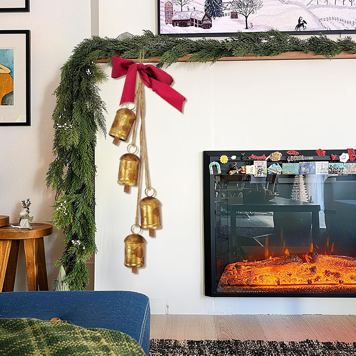 1 Christmas Rustic Metal Hanging Cow Bells, 4 Harmony Wind Chimes Xmas Iron Vintage Bells with Rope for Christmas Tree Wall, Wreath, Fireplace, Mantles, Stair Handrails Decor - Image 5