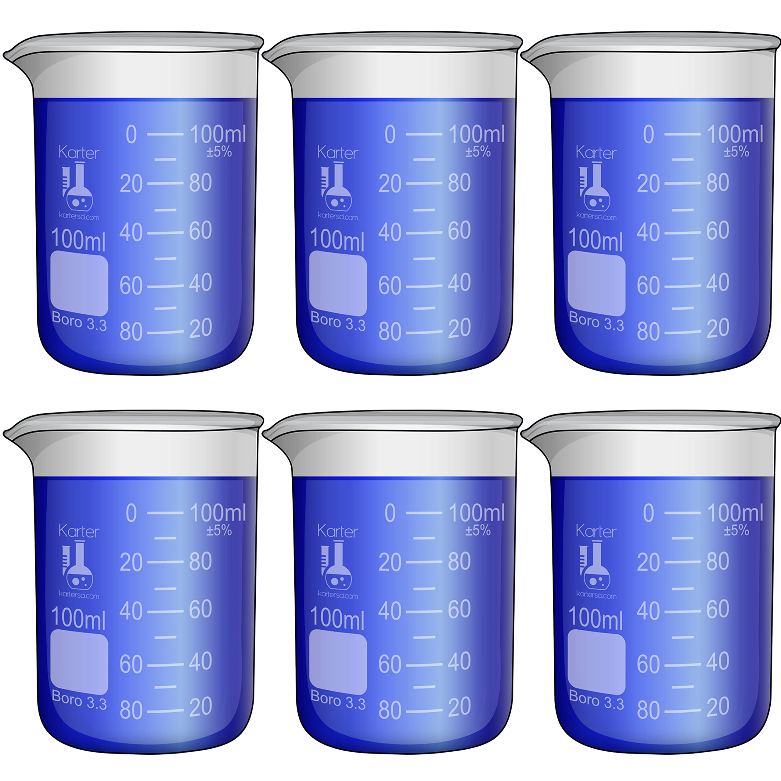 Vaso de 100 ml, grifo de forma baja, vidrio de borosilicato 3.3, doble escala, graduado, Karter Scientific 247F2 (paquete de 6)