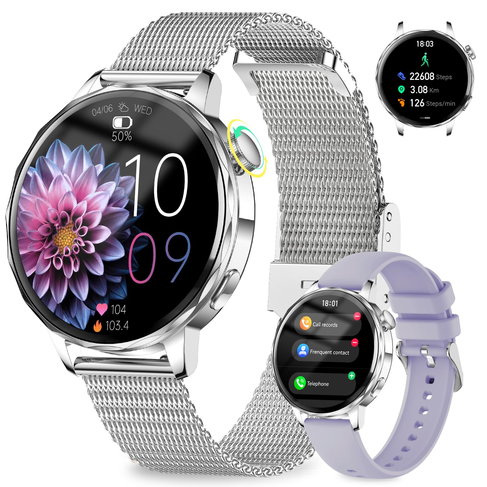Reloj Inteligente Mujer Pequeño Redondo con Llamadas, 1,27" HD, 2 Correas