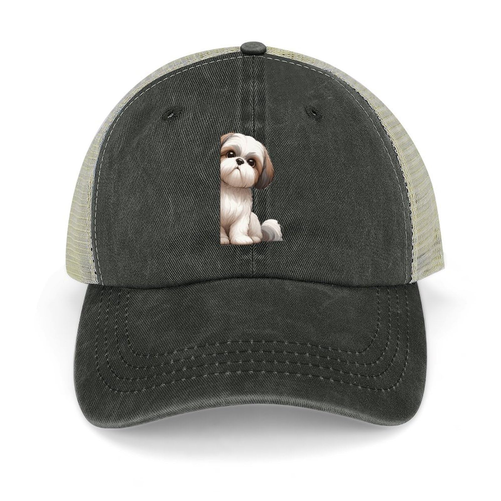 Yelolyio Shih Tzu Mesh-Back Cap Dog Peeking Around Corner Baseball Cap Adjustable Denim Hats Adjustable Plain Baseball Hat for Men and Women Outdoor Sports